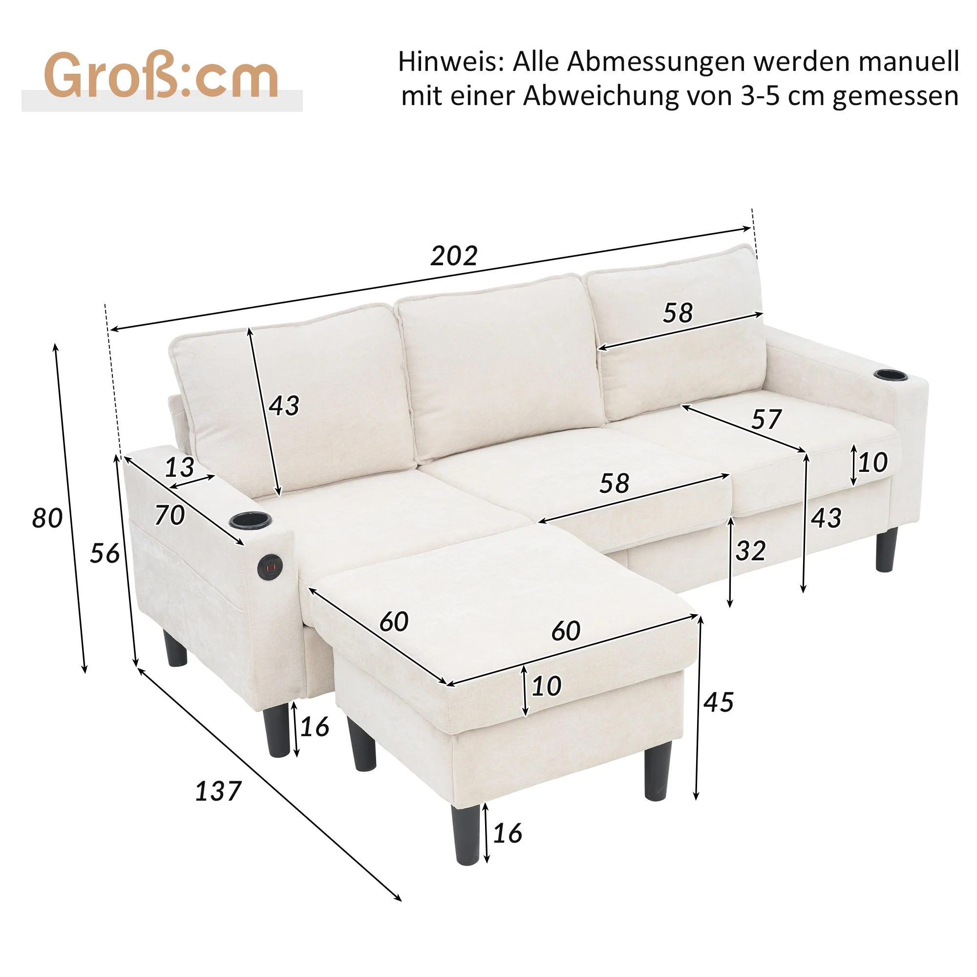 Upholstered Sofa, 3-Seater L-Shaped Sofa Bed with USB & Type-C Ports & Cup Holders, Beige - Image 6