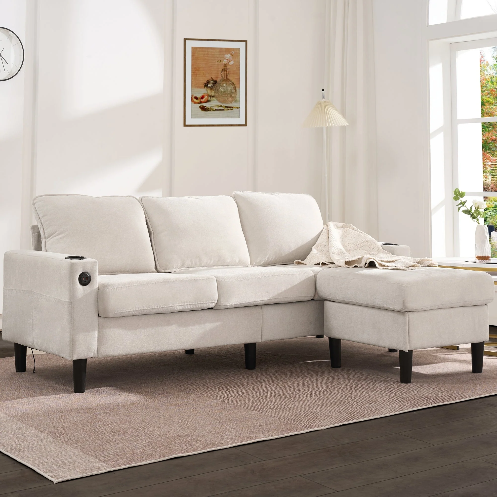 Upholstered Sofa, 3-Seater L-Shaped Sofa Bed with USB & Type-C Ports & Cup Holders, Beige - Image 7