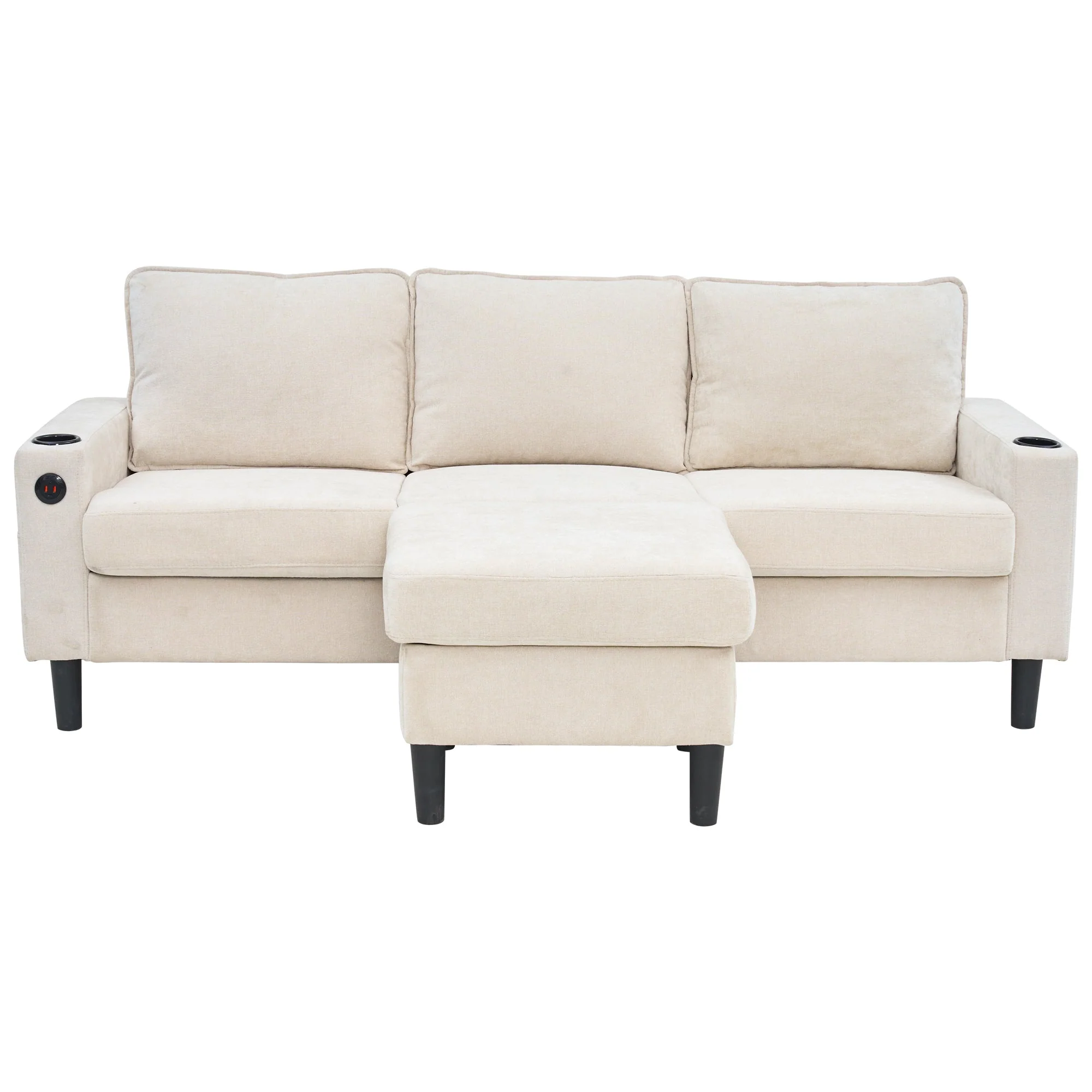 Upholstered Sofa, 3-Seater L-Shaped Sofa Bed with USB & Type-C Ports & Cup Holders, Beige - Image 9
