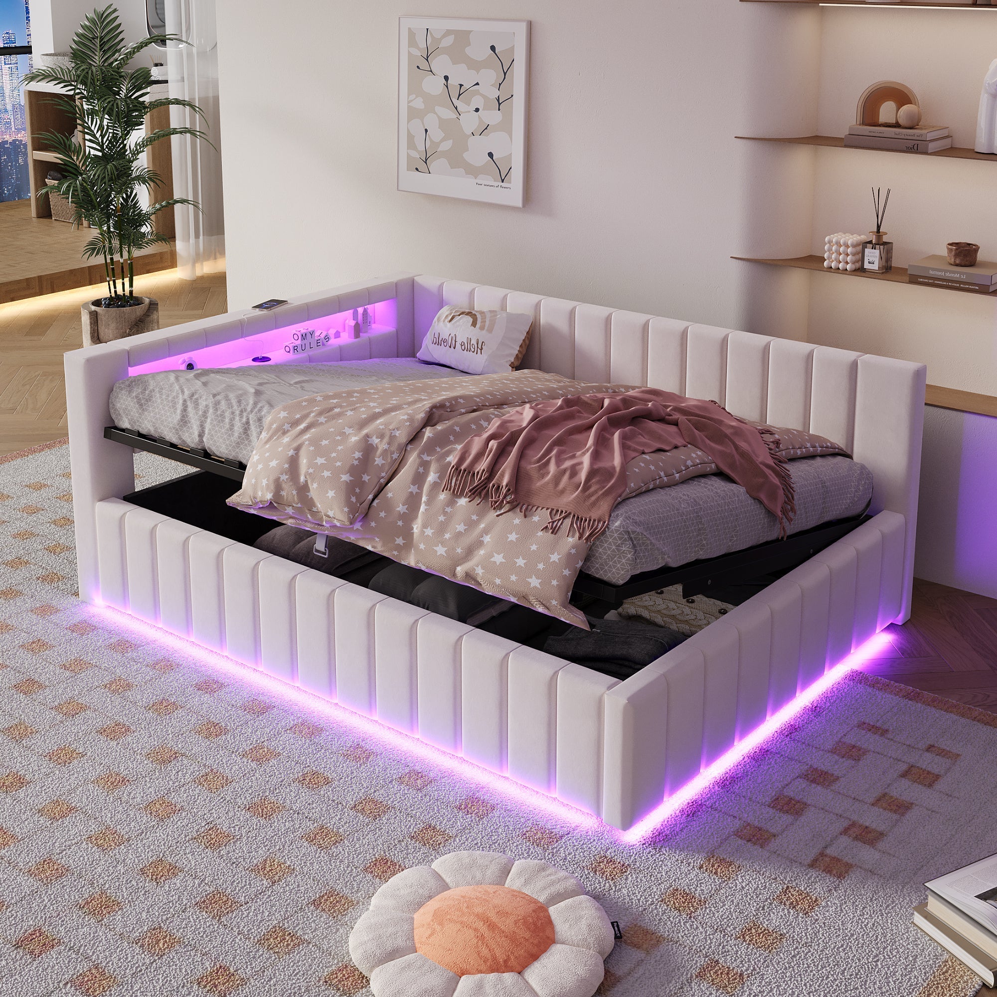 Upholstered Sofa Bed 140x200 Hydraulic Storage LED USB Port, Beige Velvet - Image 4