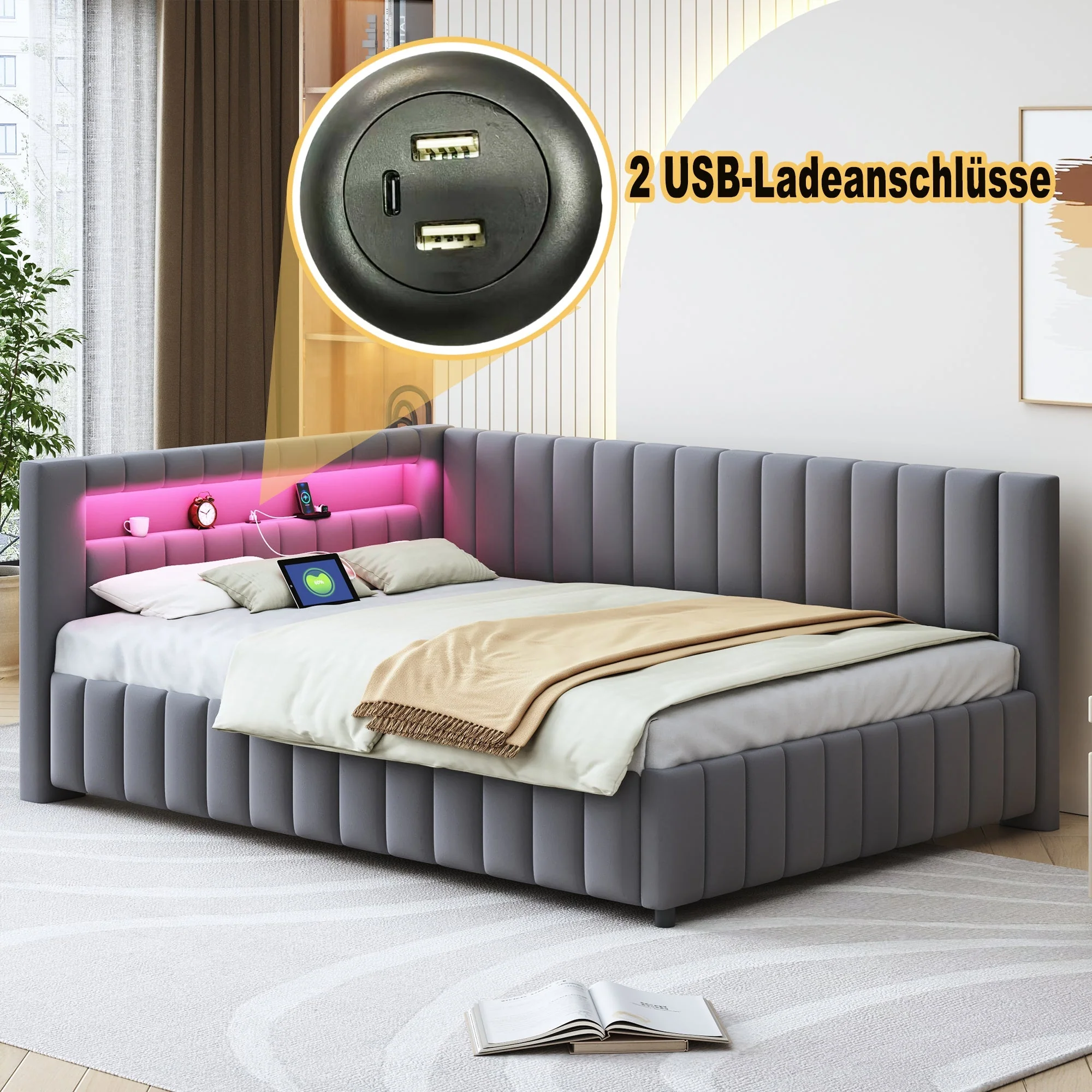 Upholstered Sofa Bed 140x200 with LED & USB, Velvet Grey - Image 2