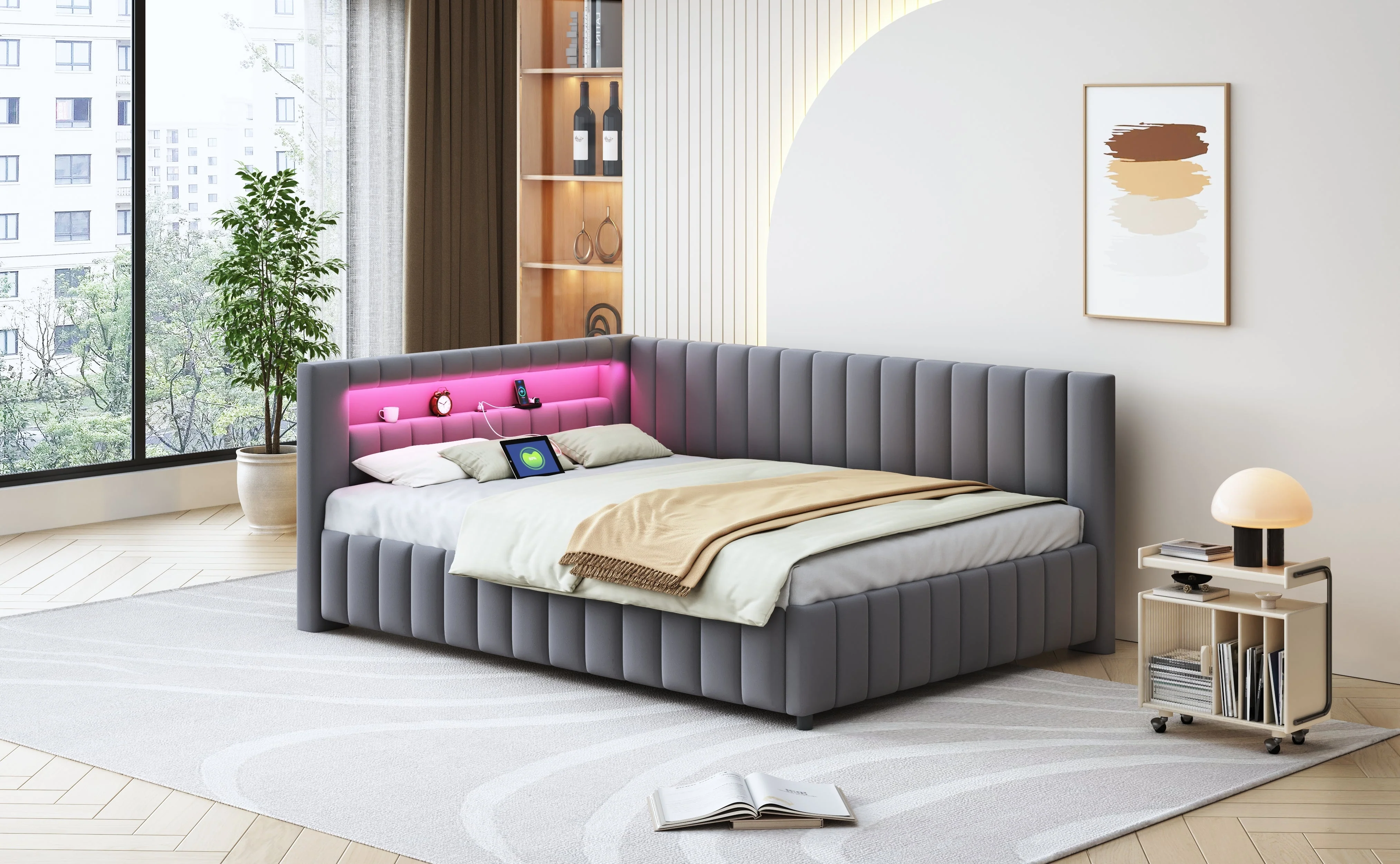 Upholstered Sofa Bed 140x200 with LED & USB, Velvet Grey - Image 3