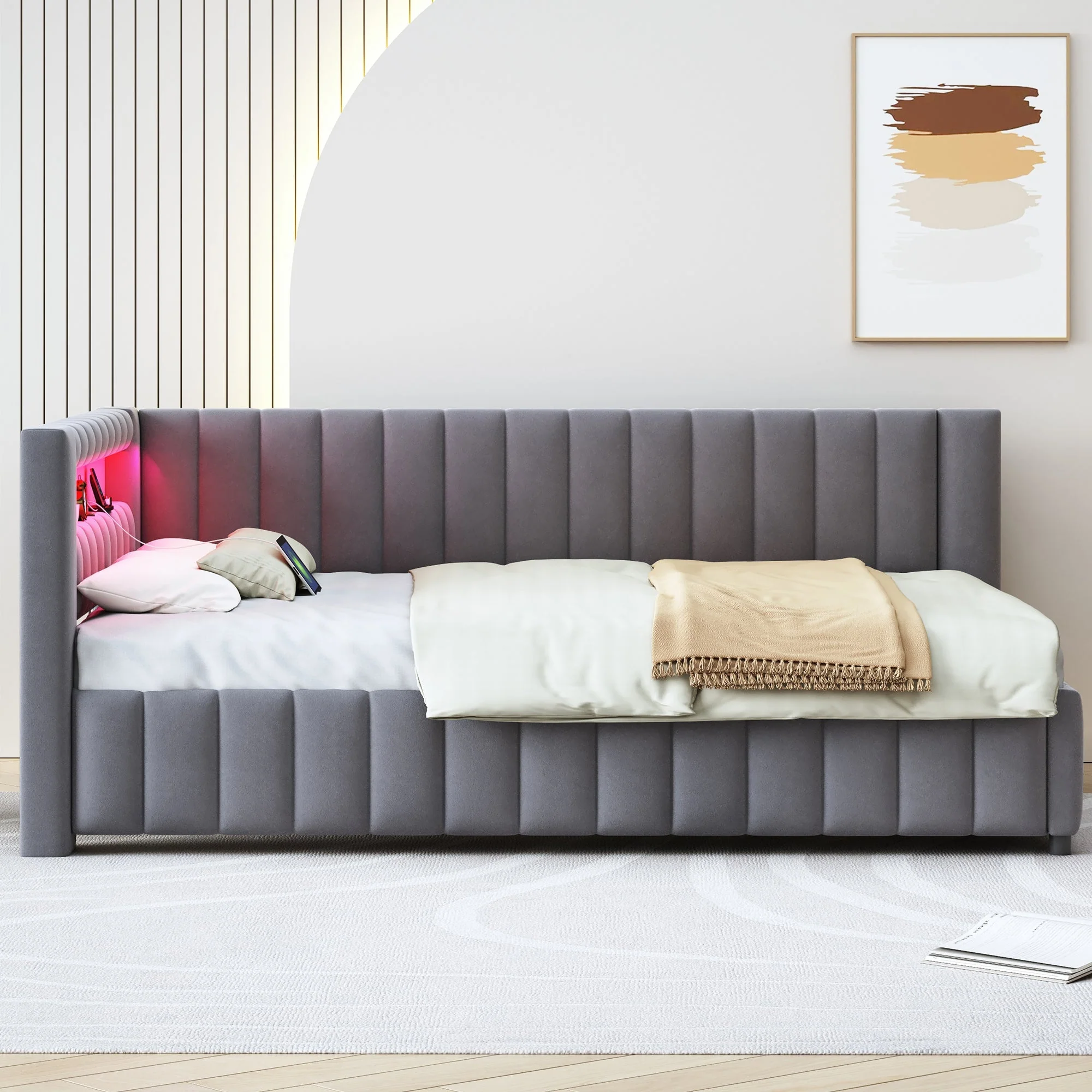 Upholstered Sofa Bed 140x200 with LED & USB, Velvet Grey - Image 5