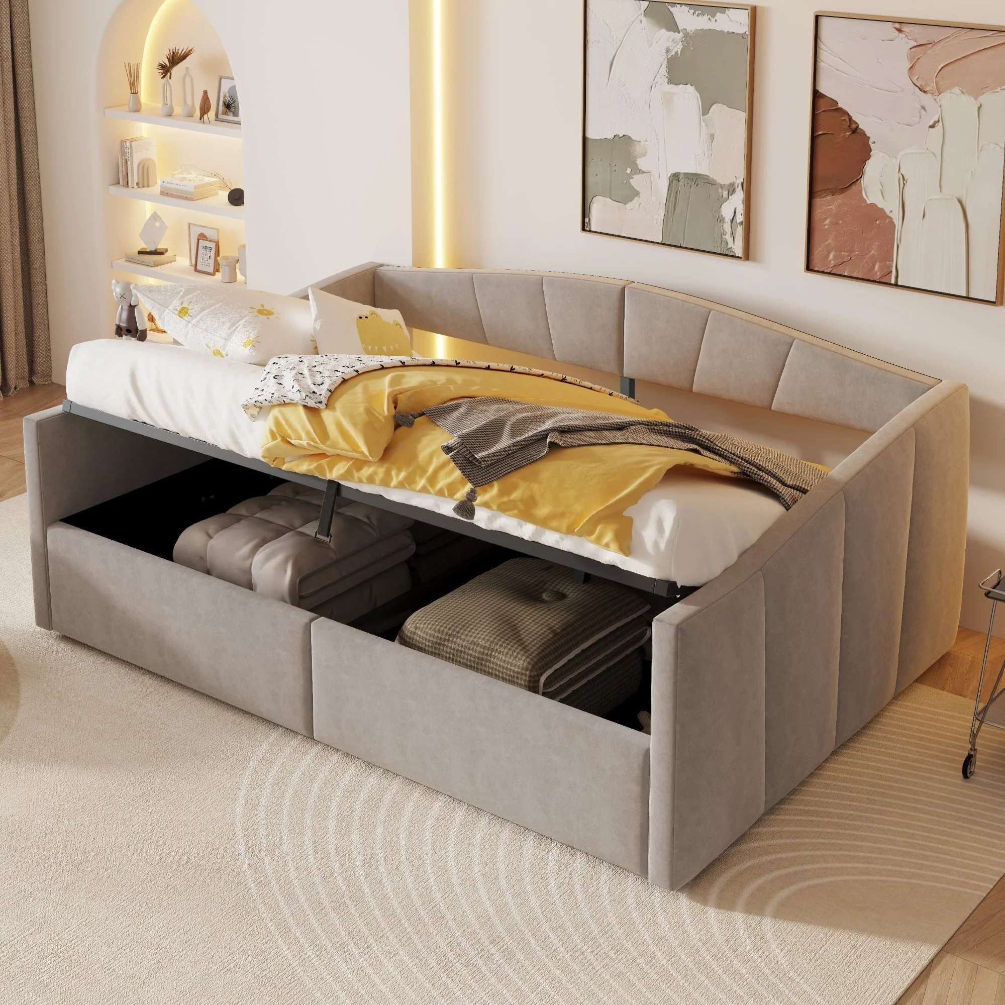 Upholstered Sofa Bed, 140x200cm Hydraulic Storage Slatted Frame Armrests, Light Grey Velvet