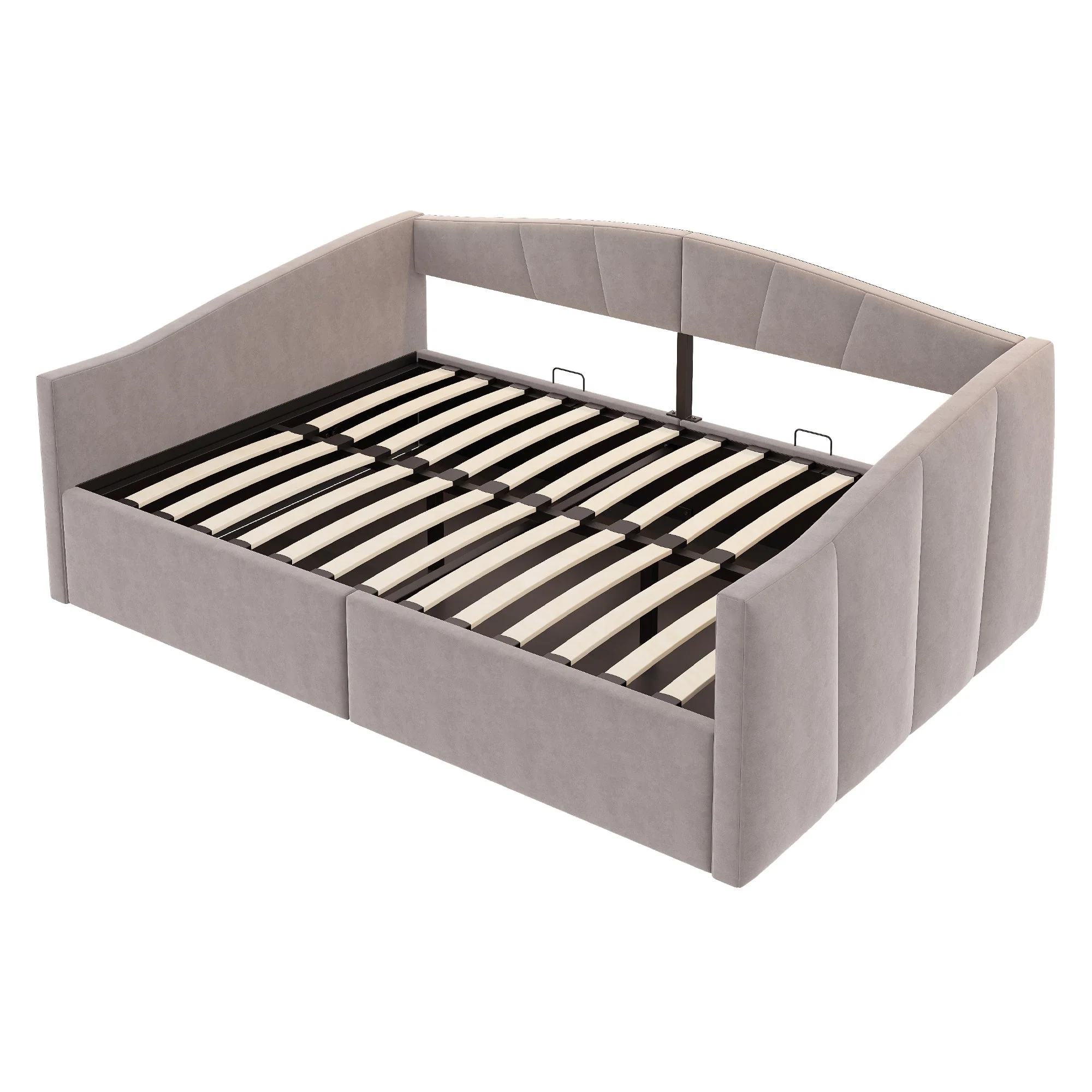 Upholstered Sofa Bed, 140x200cm Hydraulic Storage Slatted Frame Armrests, Light Grey Velvet - Image 10