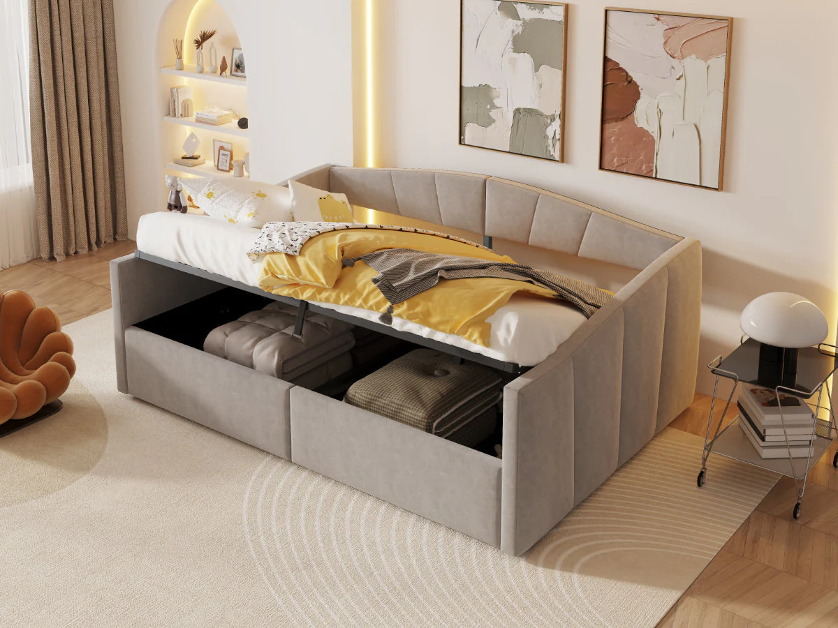 Upholstered Sofa Bed, 140x200cm Hydraulic Storage Slatted Frame Armrests, Light Grey Velvet - Image 6