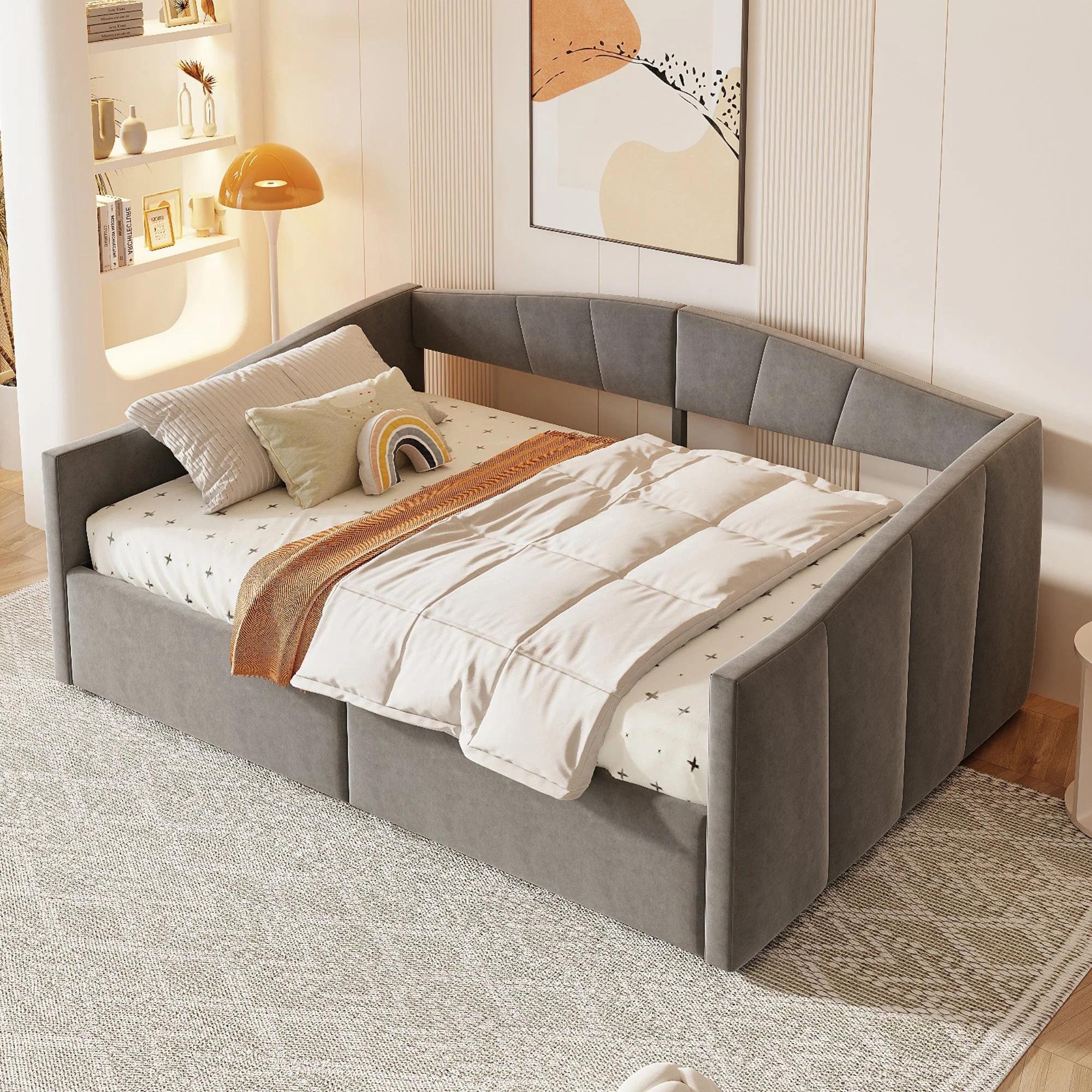 Upholstered Sofa Bed, 140x200cm, Hydraulic Support, Slatted Frame, Armrests, Velvet Fabric, Grey - Image 3