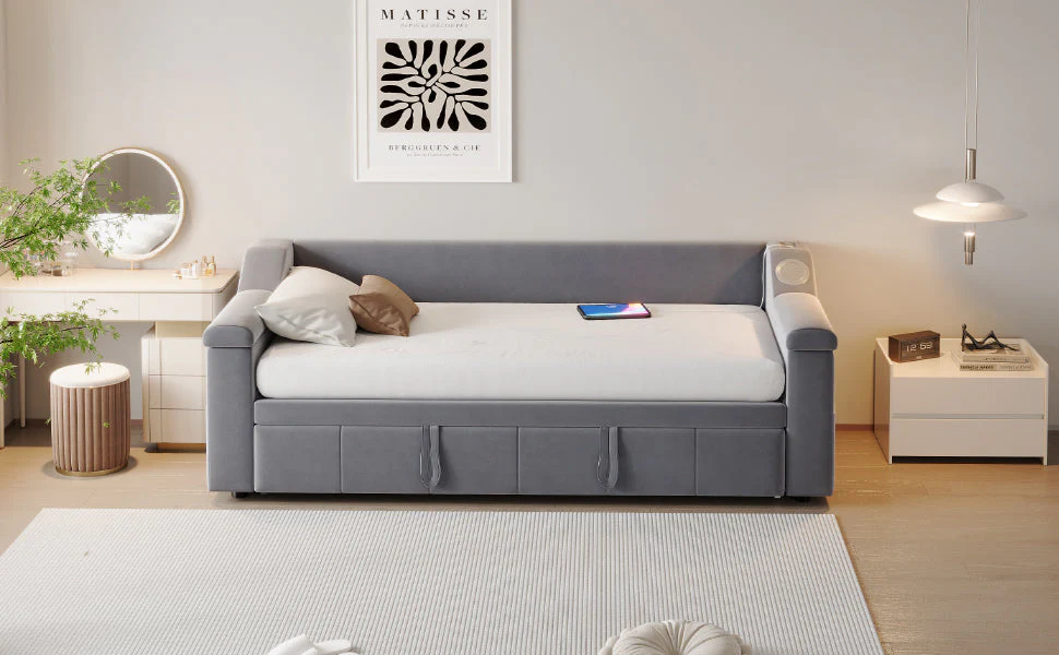 Upholstered Sofa Bed, 90/180*190cm Bluetooth Stereo USB Storage, Grey Velvet - Image 8