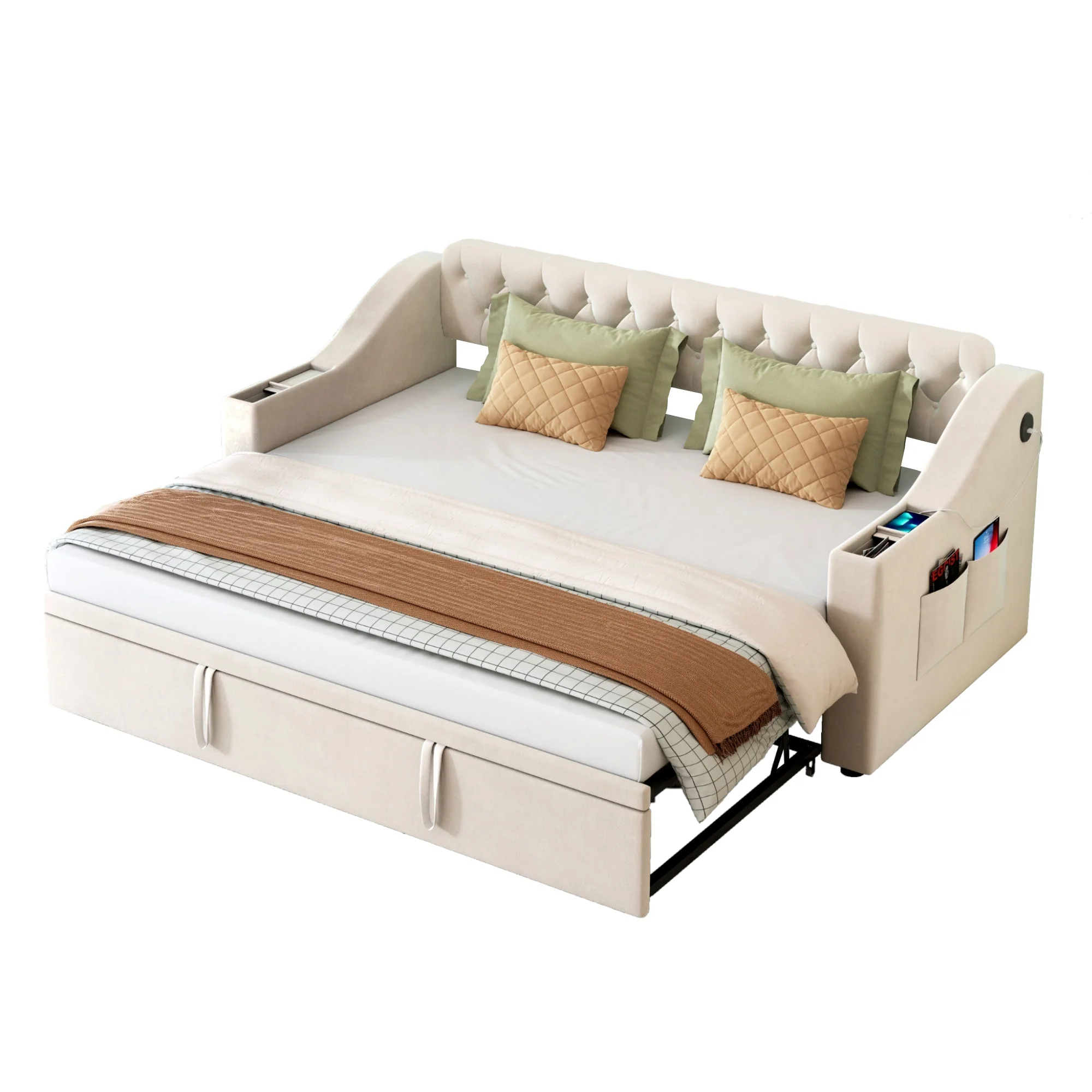 Upholstered Sofa Bed, 90/180*190cm, USB Charging, Storage, Velvet Beige - Image 10