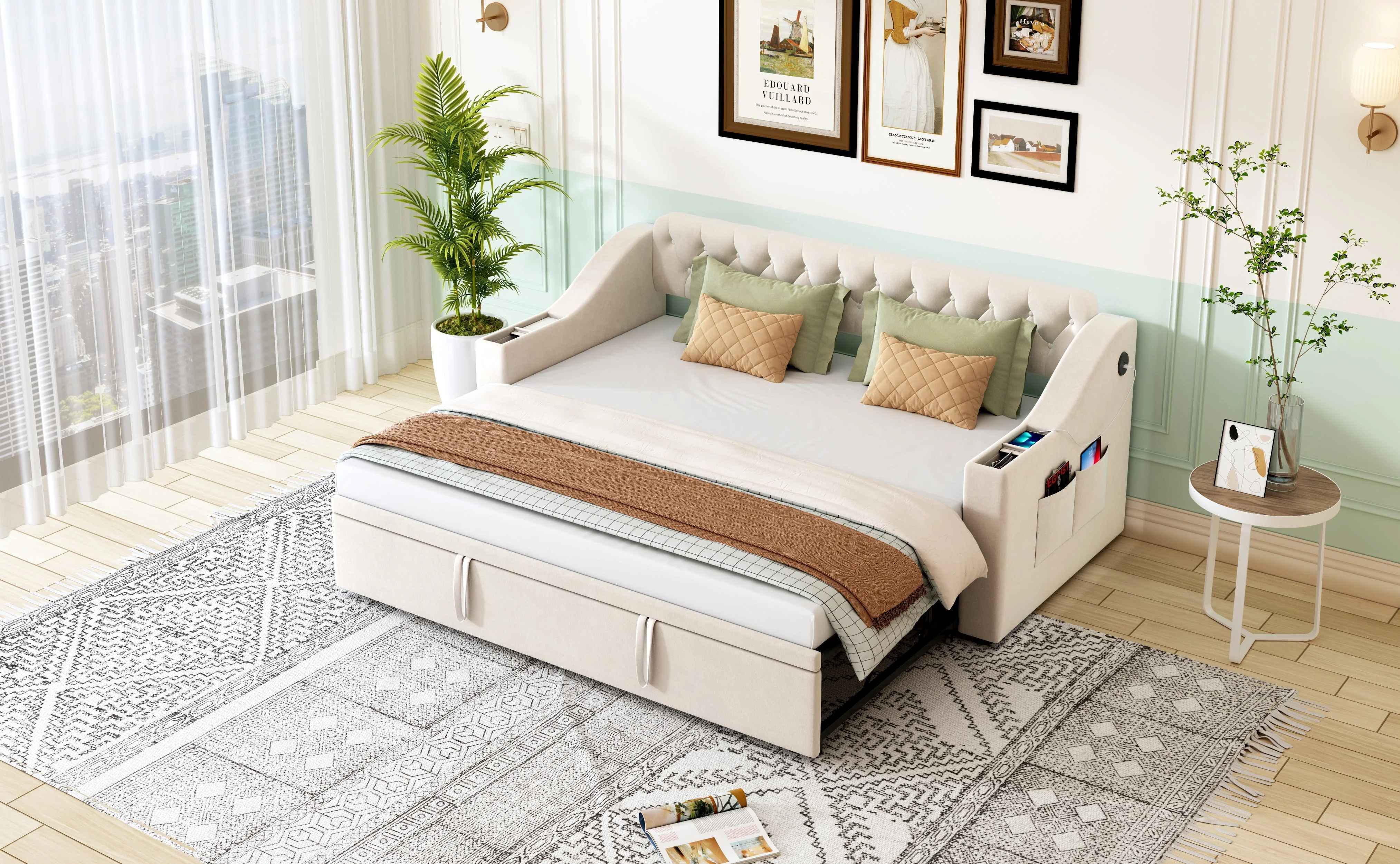 Upholstered Sofa Bed, 90/180*190cm, USB Charging, Storage, Velvet Beige - Image 6