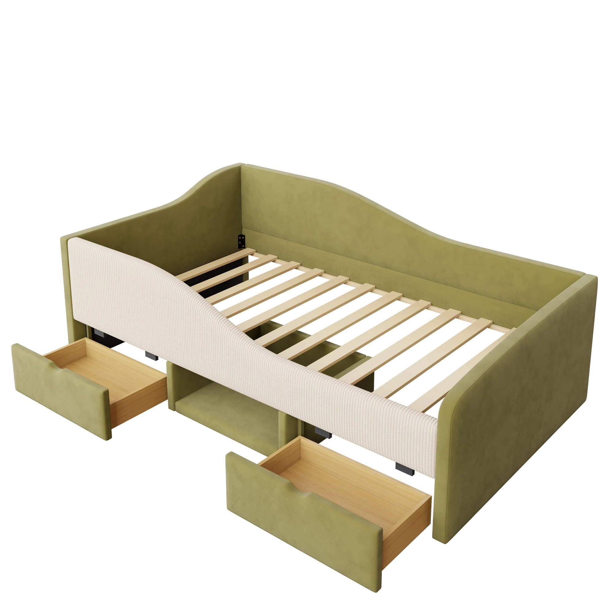 Upholstered Sofa Bed 90x190cm Multifunctional 2 Drawers Railings - Velvet Dark Green/Cream White - Image 8