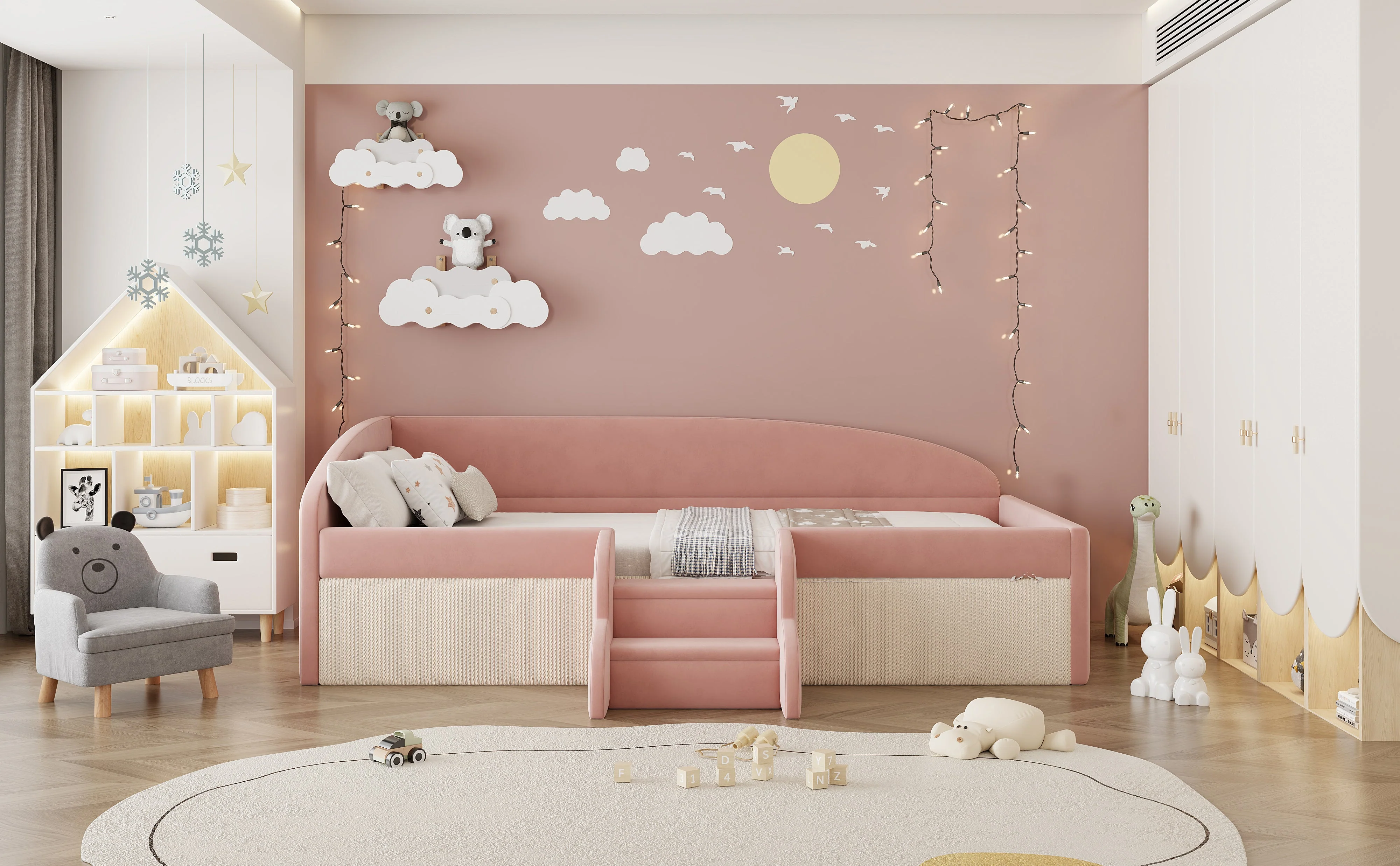 Upholstered Sofa Bed, 90x190cm Multifunctional with Steps and Railings, Velvet Fabric Pink + Cream White - Image 4