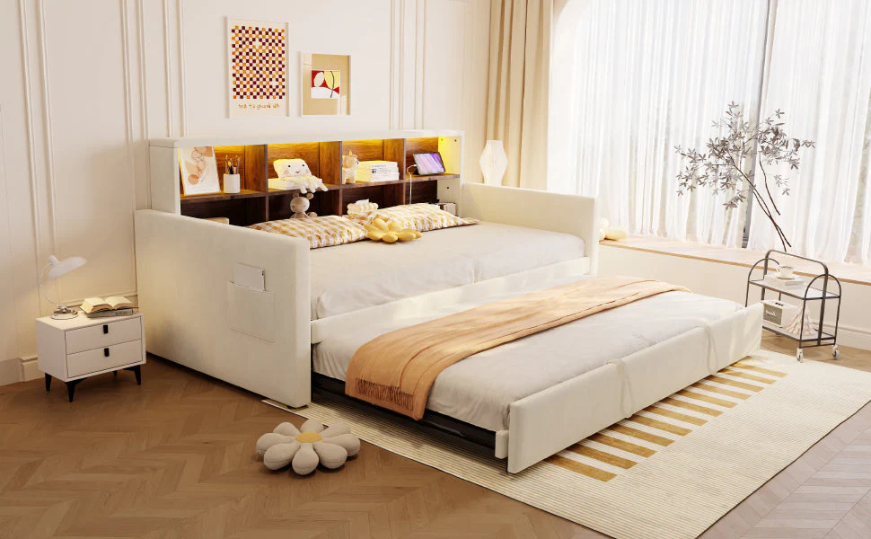 Upholstered Sofa Bed 90x190cm with Storage Headboard, LED and Charging Ports, Beige Velvet - Image 7