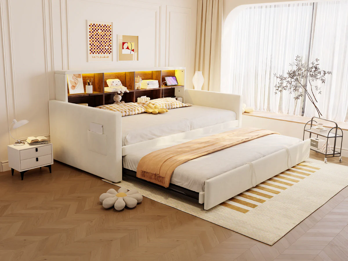 Upholstered Sofa Bed 90x190cm with Storage Headboard, LED and Charging Ports, Beige Velvet - Image 8