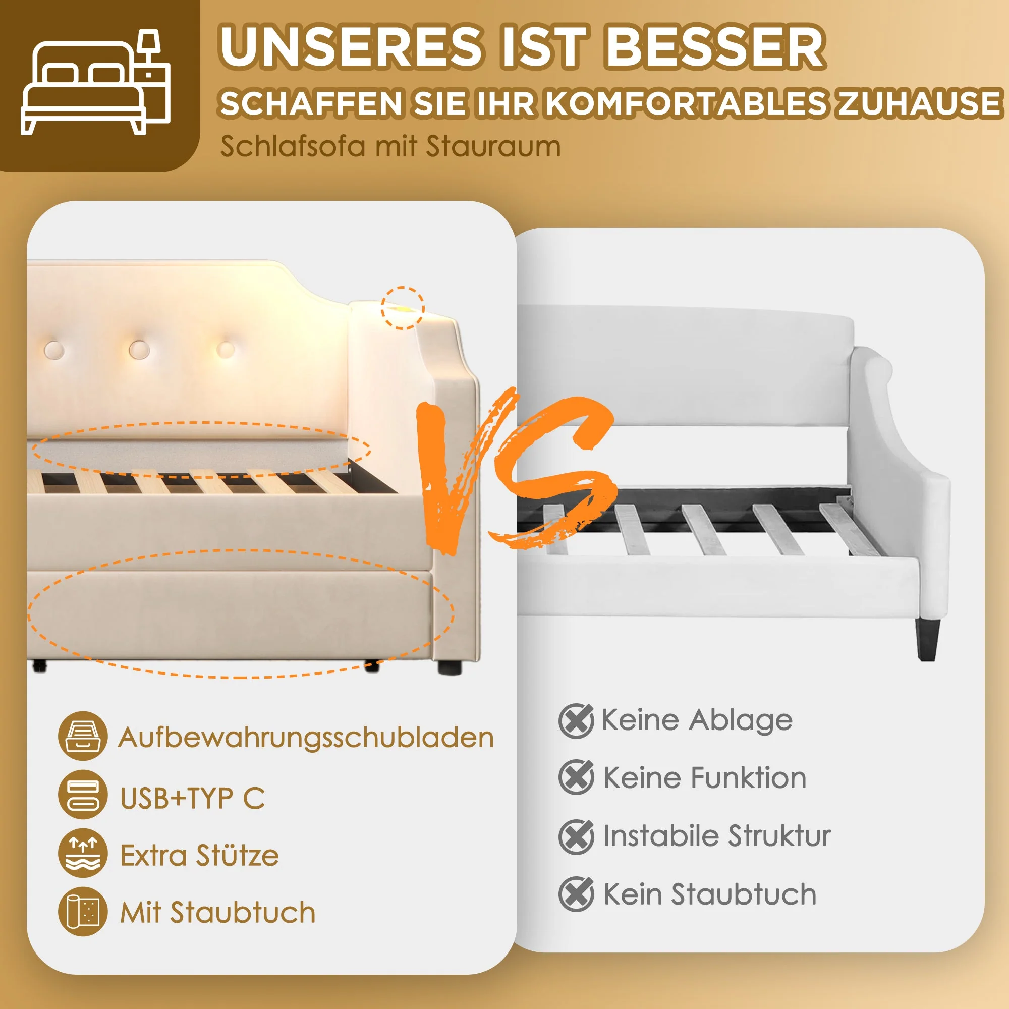 Upholstered Sofa Bed, 90x200 cm, USB Type-C Light, 2 Drawers, Velvet Beige - Image 2