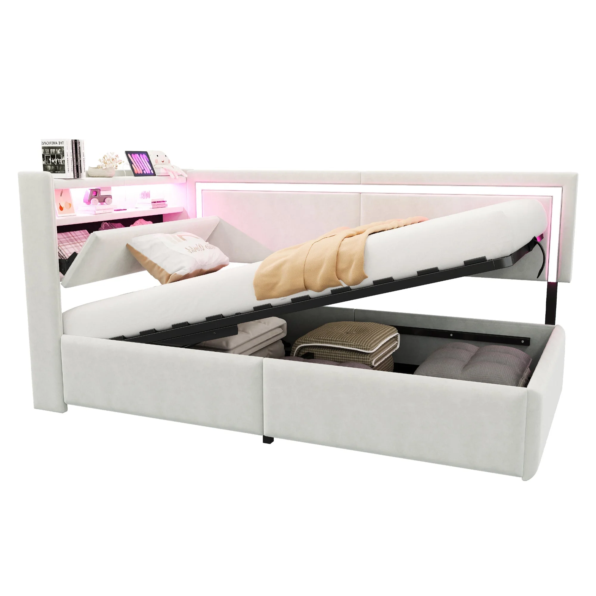 Upholstered Sofa Bed 90x200 cm with LED Lighting, USB Ports and Hydraulic Storage, Beige Velvet - Image 10