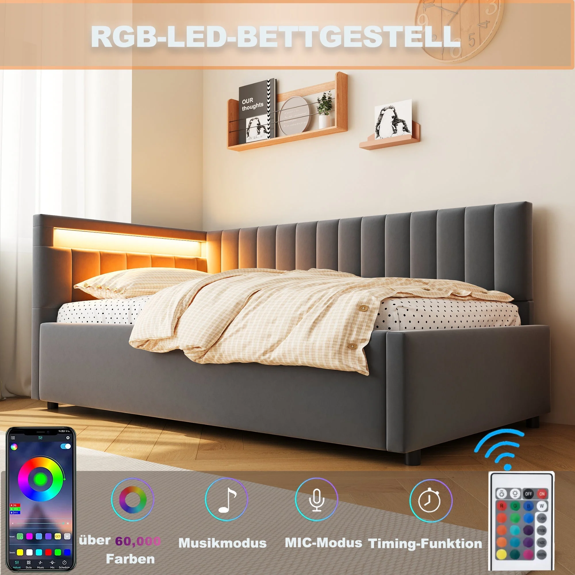 Upholstered Sofa Bed 90x200, with LED & Hydraulic Storage, Velvet Grey - Image 5