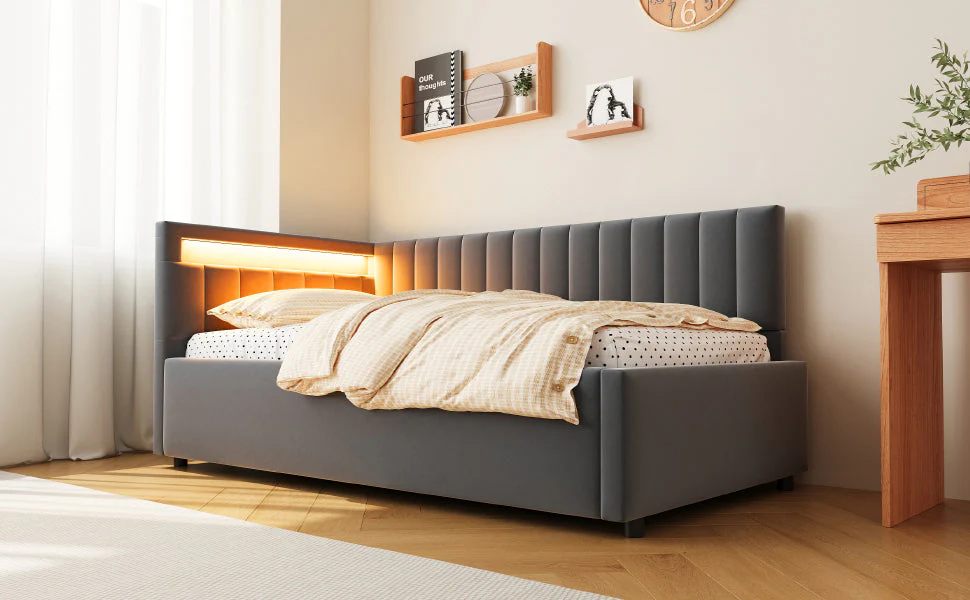 Upholstered Sofa Bed 90x200, with LED & Hydraulic Storage, Velvet Grey - Image 8