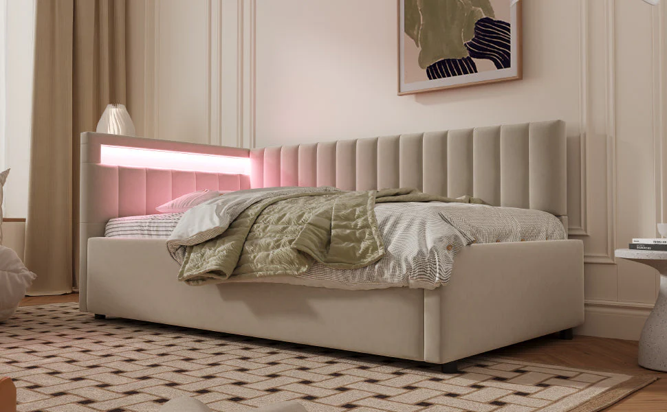 Upholstered Sofa Bed 90x200 with LED & Storage, Velvet, Beige - Image 10