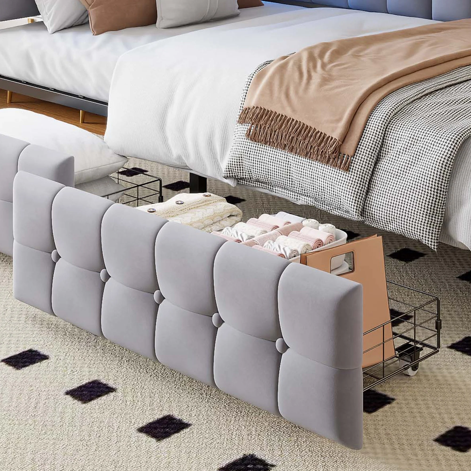 Upholstered Sofa Bed 90x200cm Drawers LED USB Grey - Image 5