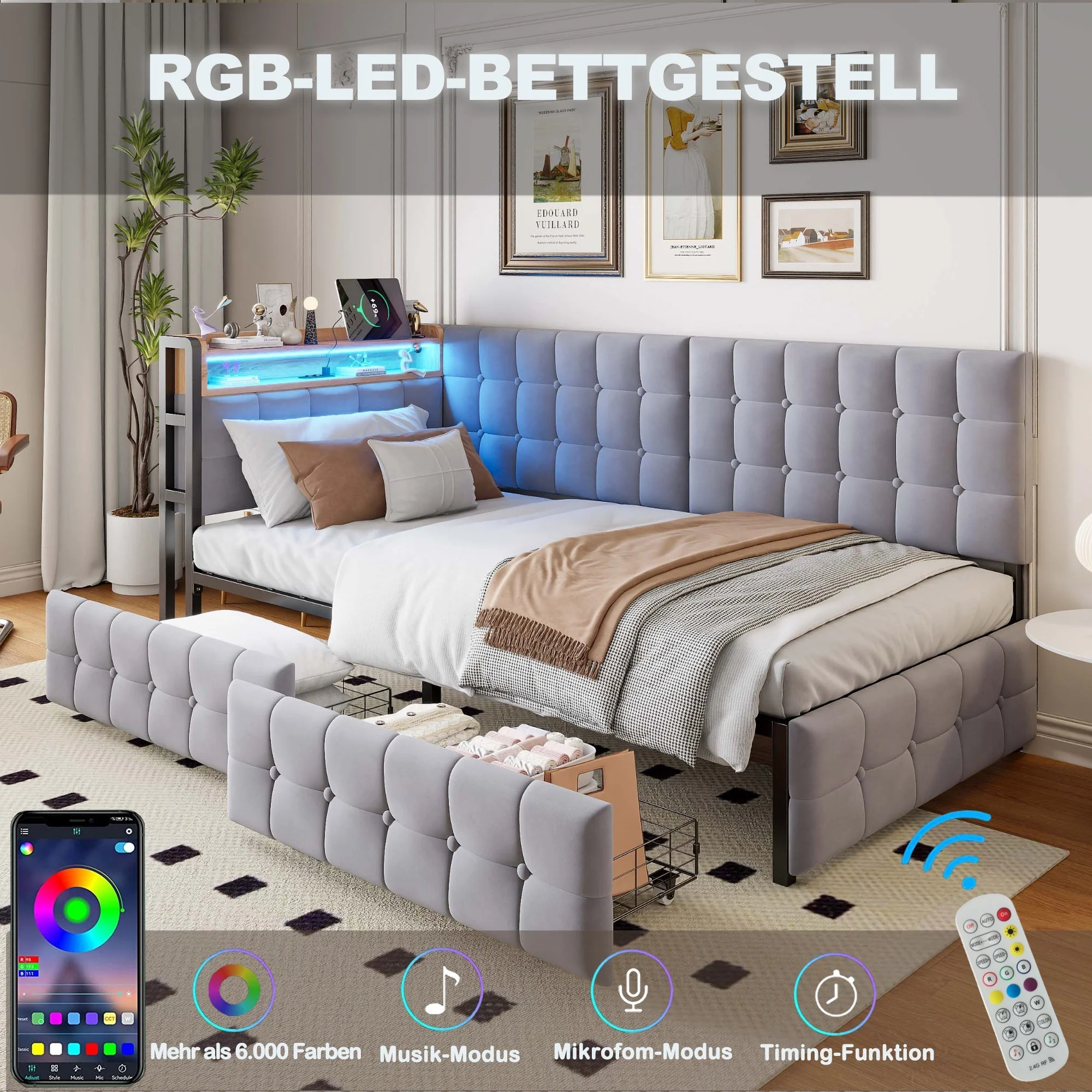 Upholstered Sofa Bed 90x200cm Drawers LED USB Grey - Image 7