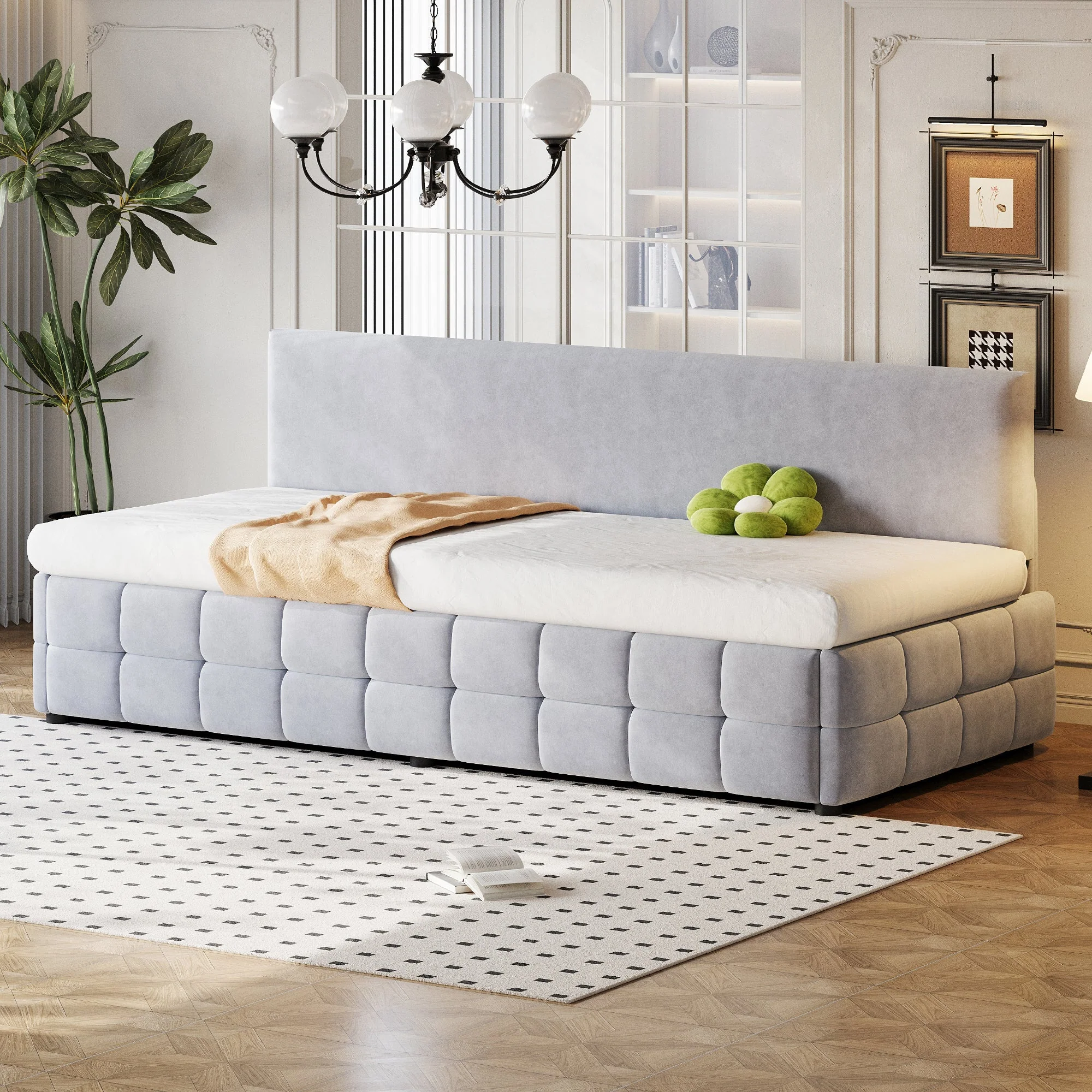 Upholstered Sofa Bed 90x200cm Hydraulic Storage Classic Check Pattern Light Grey Velvet - Image 2