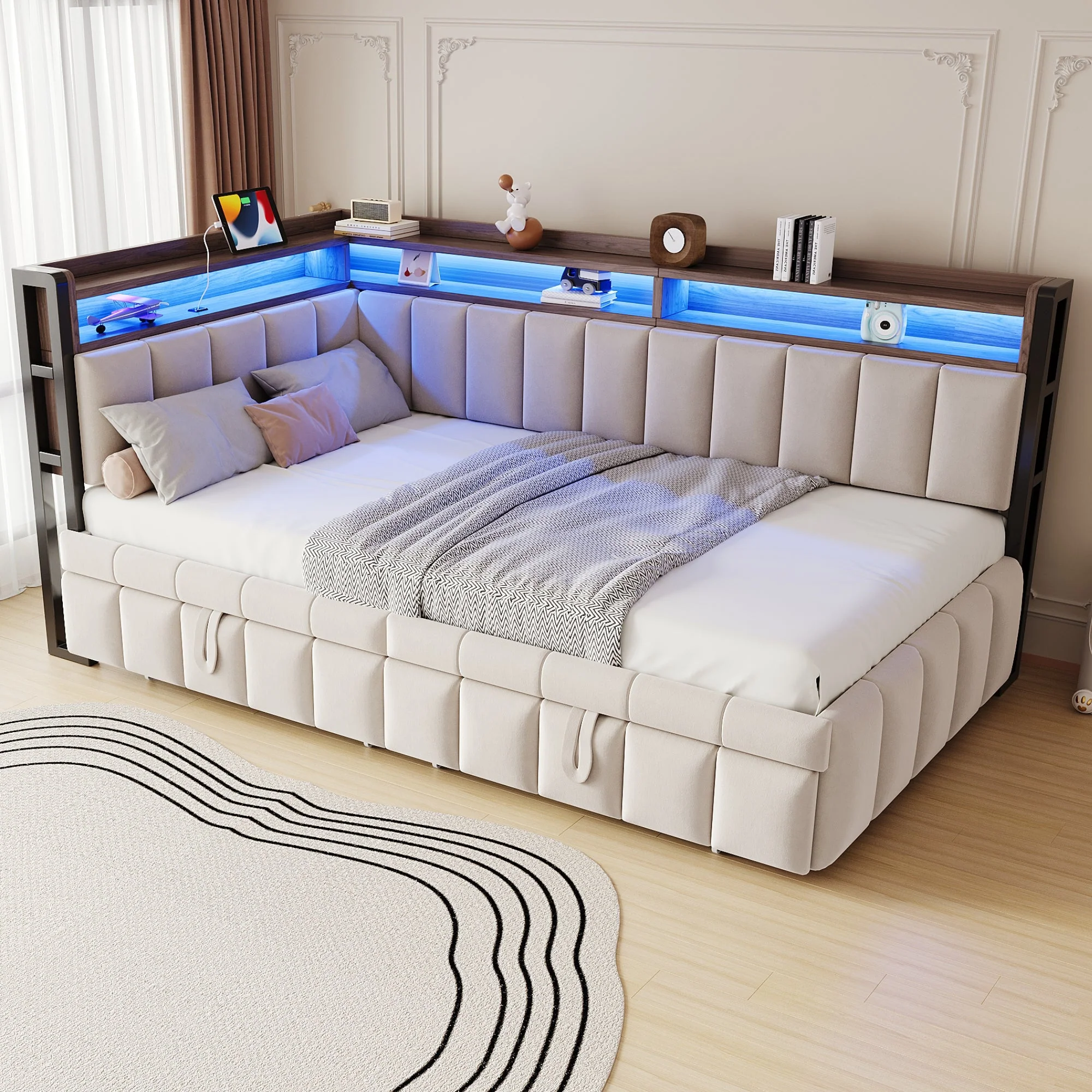 Upholstered Sofa Bed 90x200cm Pull-Out LED Storage USB/Type-C Beige Velvet - Image 2