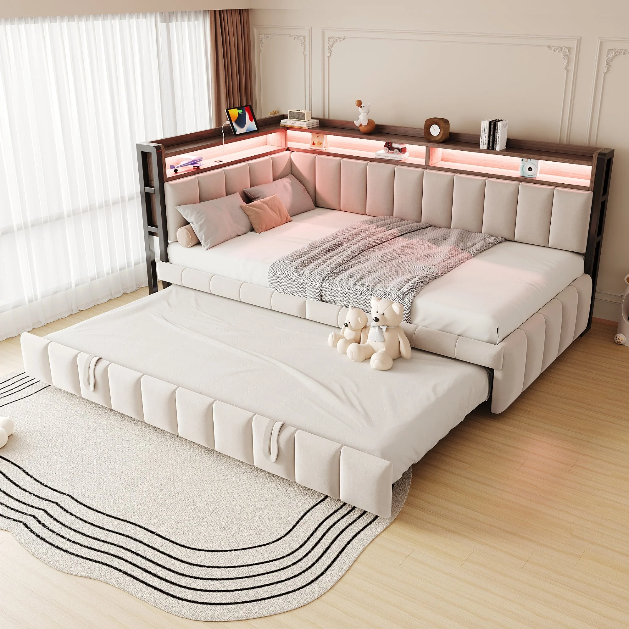 Upholstered Sofa Bed 90x200cm Pull-Out LED Storage USB/Type-C Beige Velvet - Image 3