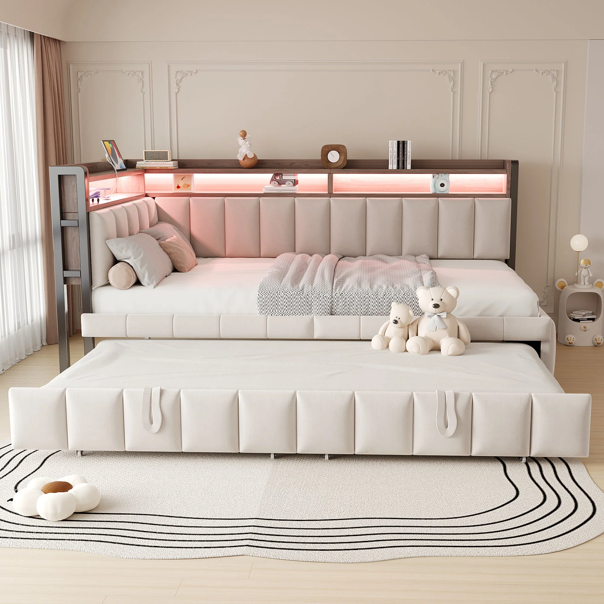 Upholstered Sofa Bed 90x200cm Pull-Out LED Storage USB/Type-C Beige Velvet - Image 4