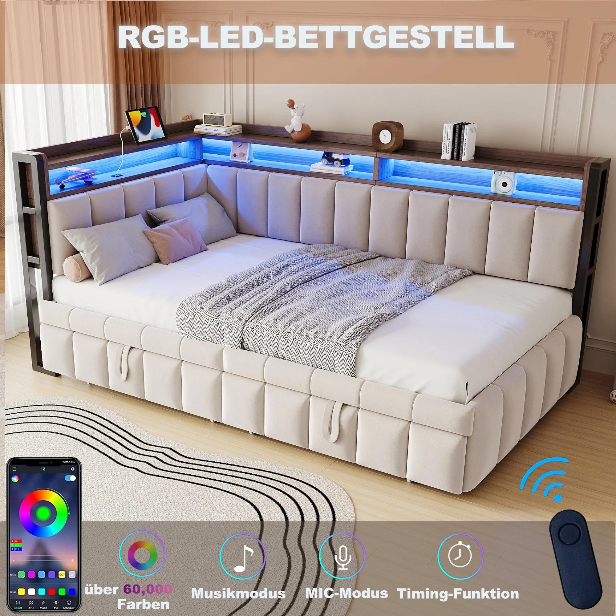 Upholstered Sofa Bed 90x200cm Pull-Out LED Storage USB/Type-C Beige Velvet - Image 5