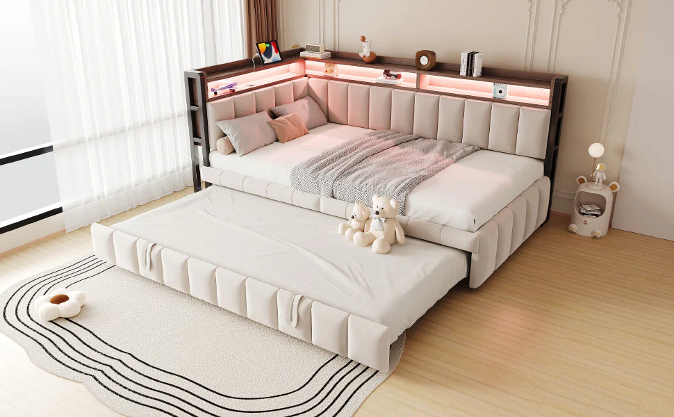 Upholstered Sofa Bed 90x200cm Pull-Out LED Storage USB/Type-C Beige Velvet - Image 6