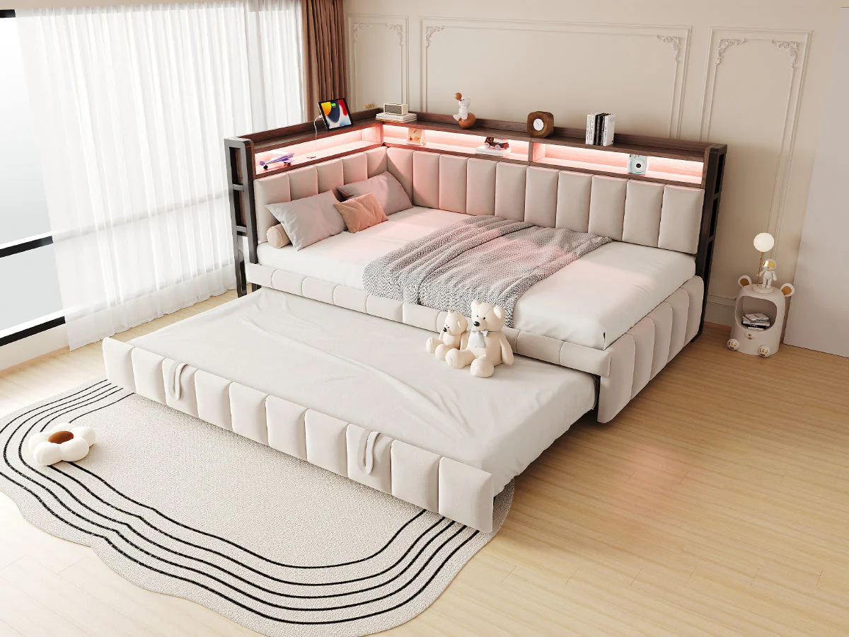 Upholstered Sofa Bed 90x200cm Pull-Out LED Storage USB/Type-C Beige Velvet - Image 7