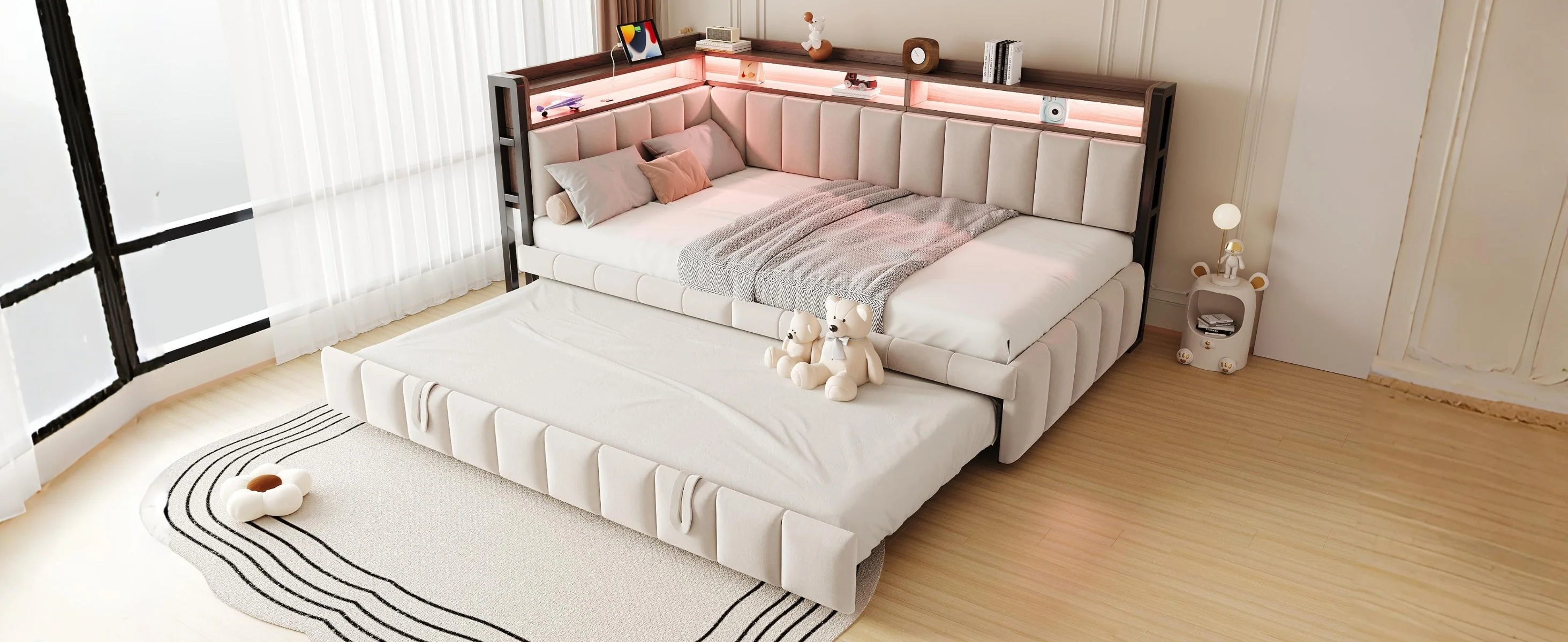 Upholstered Sofa Bed 90x200cm Pull-Out LED Storage USB/Type-C Beige Velvet - Image 8