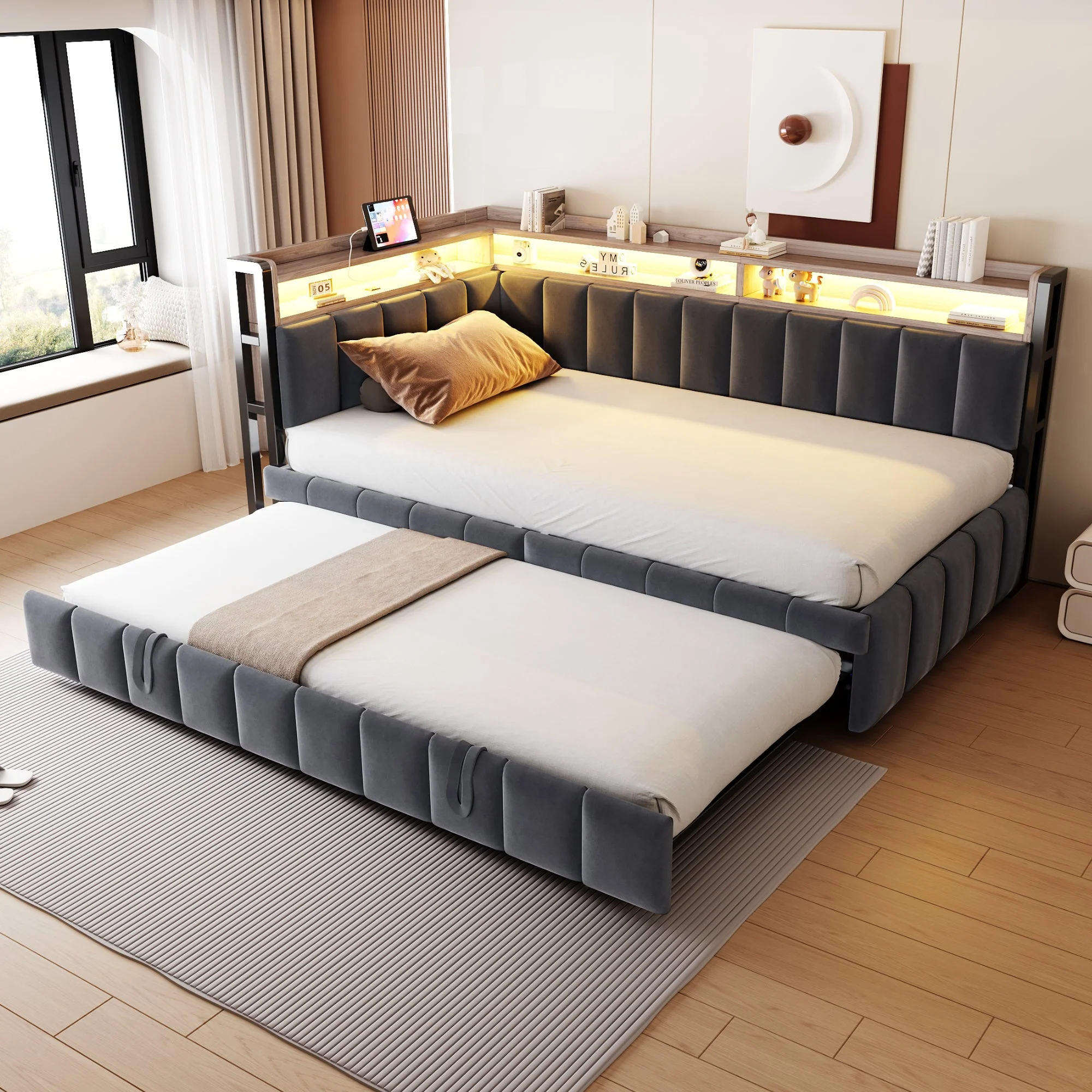 Upholstered Sofa Bed 90x200cm Pull-out LED Storage USB/Type-C, Dark Grey Velvet Fabric - Image 3