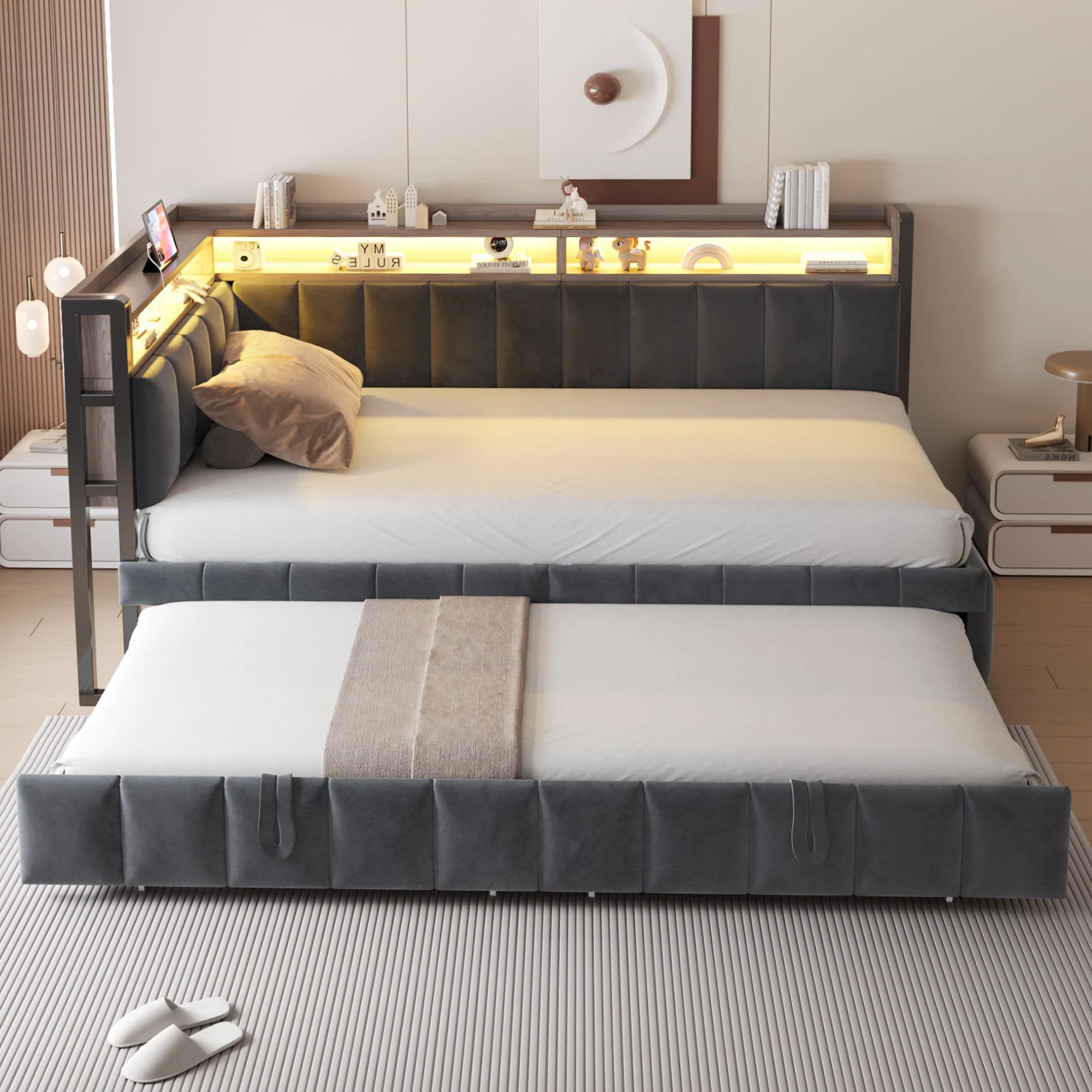 Upholstered Sofa Bed 90x200cm Pull-out LED Storage USB/Type-C, Dark Grey Velvet Fabric - Image 4