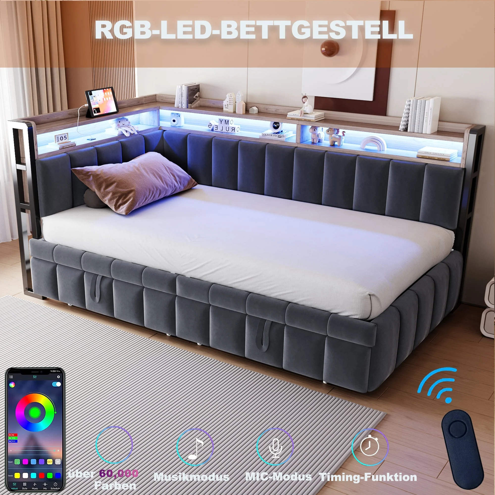 Upholstered Sofa Bed 90x200cm Pull-out LED Storage USB/Type-C, Dark Grey Velvet Fabric - Image 5
