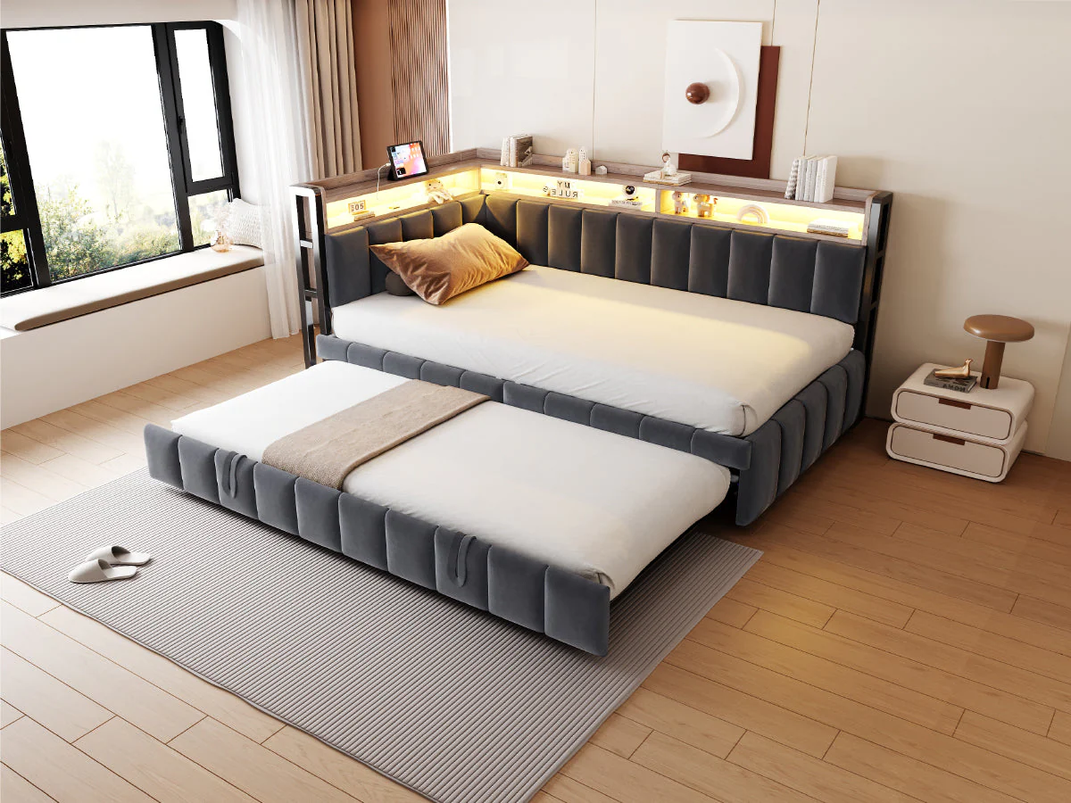 Upholstered Sofa Bed 90x200cm Pull-out LED Storage USB/Type-C, Dark Grey Velvet Fabric - Image 7