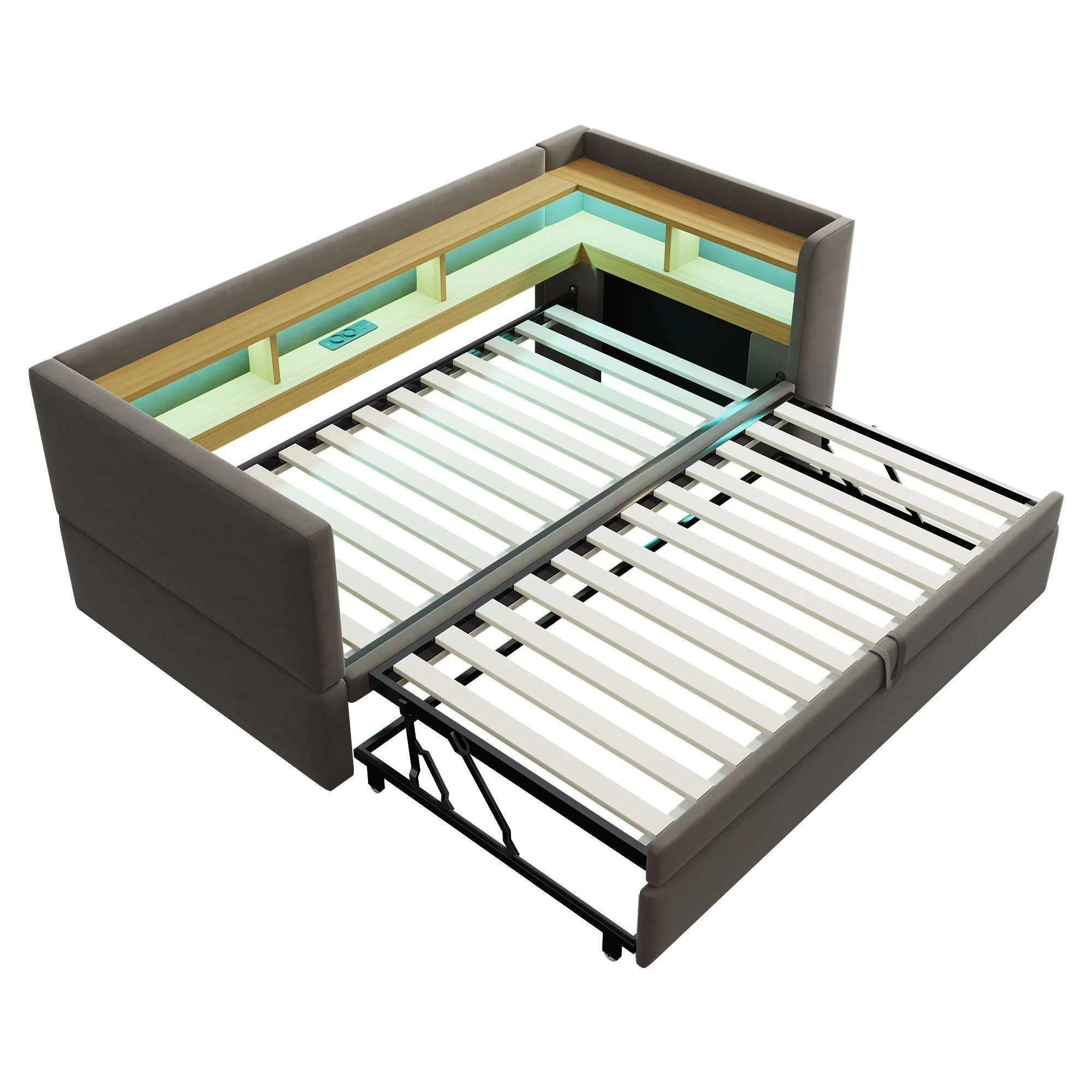 Upholstered Sofa Bed Extendable 90/180*190cm, LED Lights, Storage, Dark Grey - Image 8