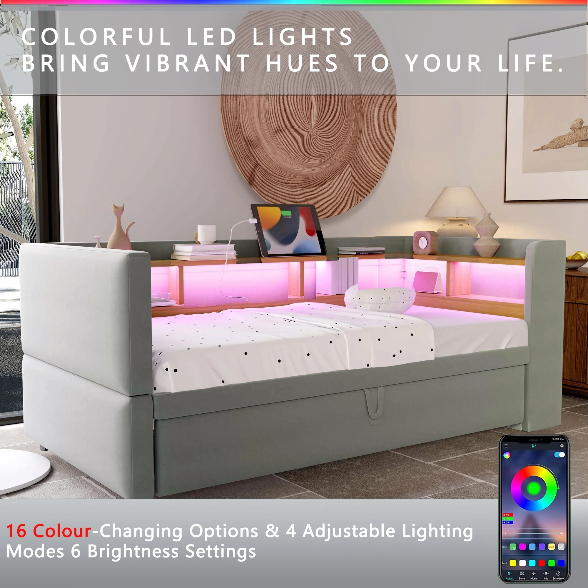 Upholstered Sofa Bed Extendable 90/180x190cm LED Lights Storage Light Grey - Image 4