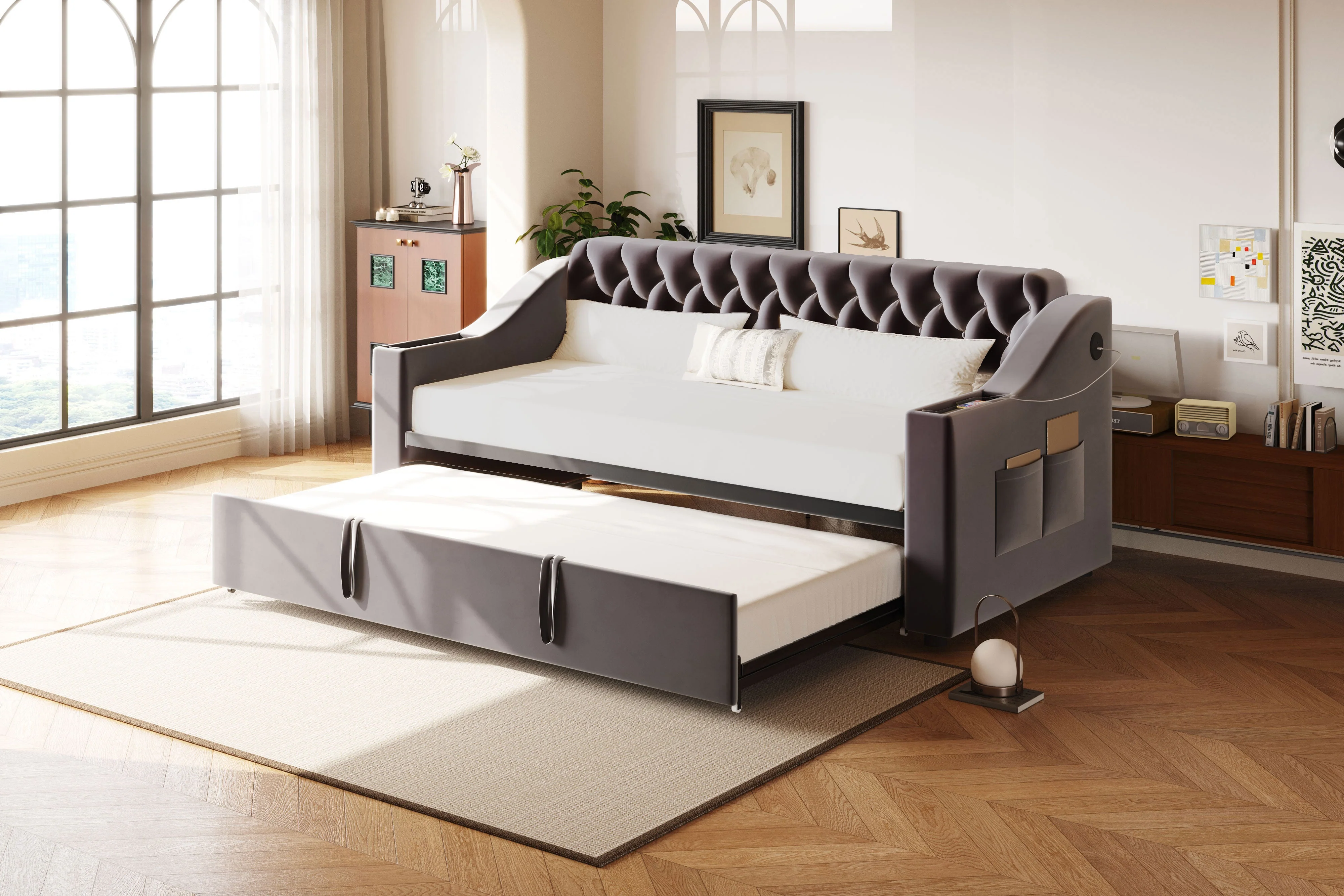 Upholstered Sofa Bed, Extendable 90/180x190cm USB Storage Slatted Base, Dark Grey Velvet - Image 8