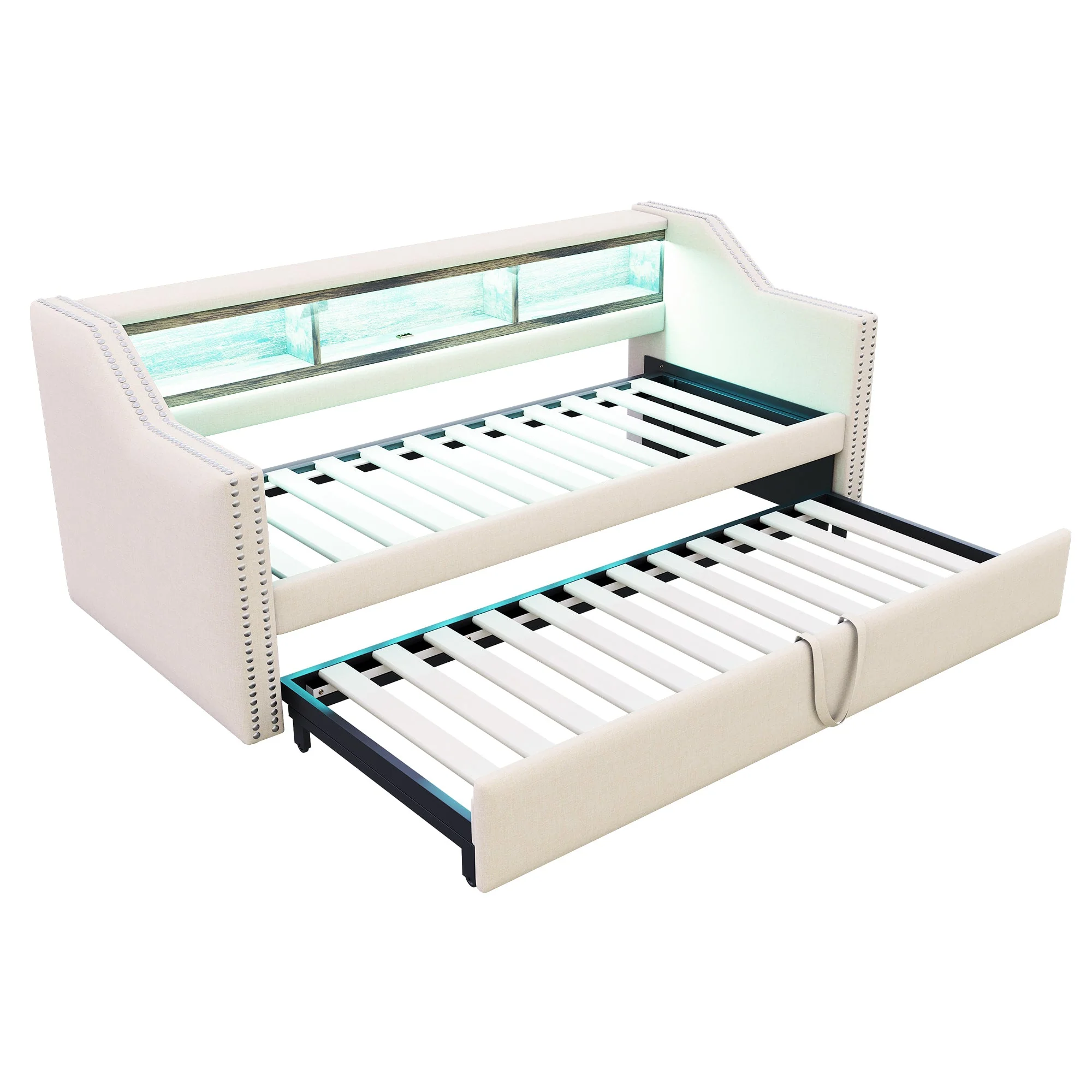 Upholstered Sofa Bed, Pull-Out with Storage, LED & USB, Beige - Image 10