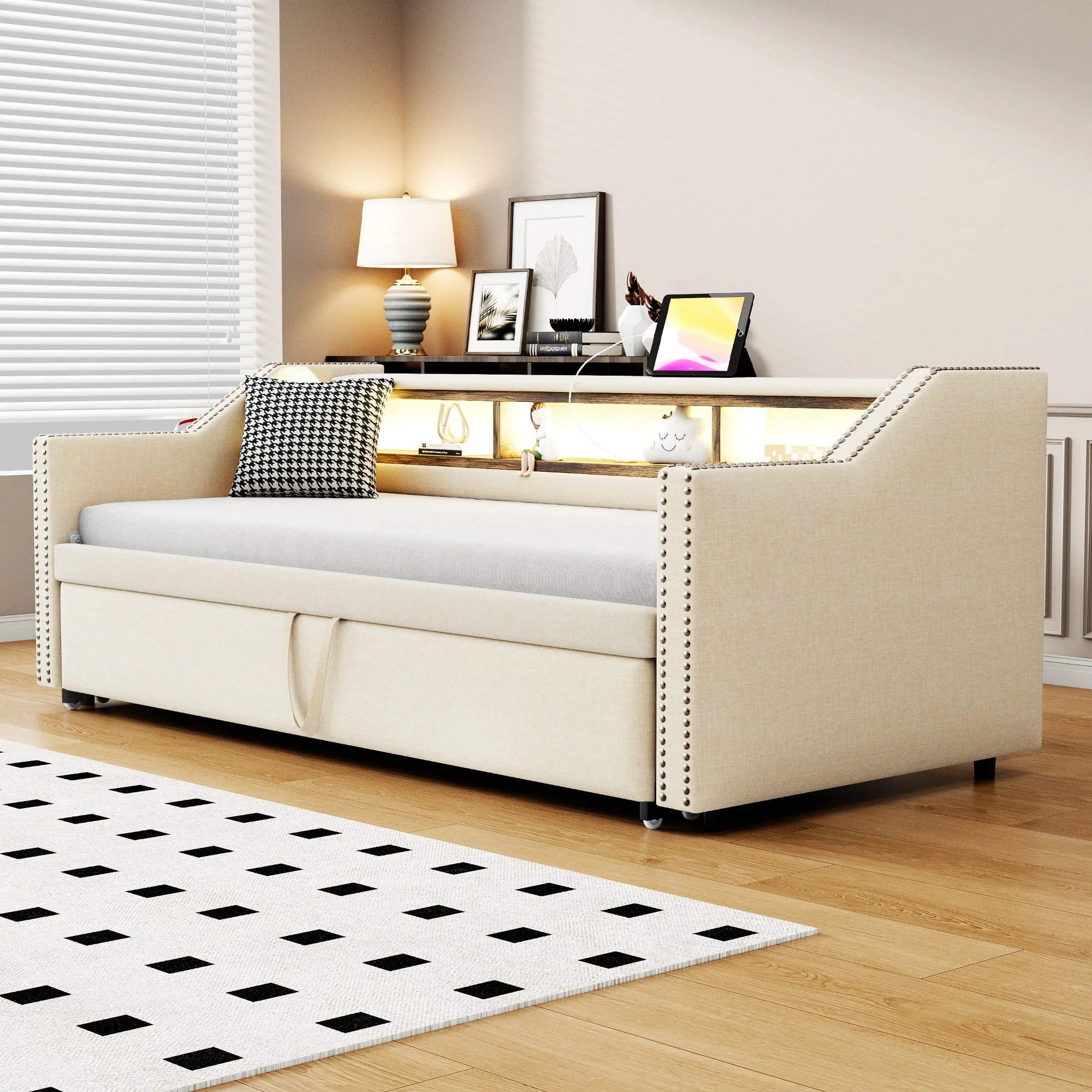Upholstered Sofa Bed, Pull-Out with Storage, LED & USB, Beige - Image 2