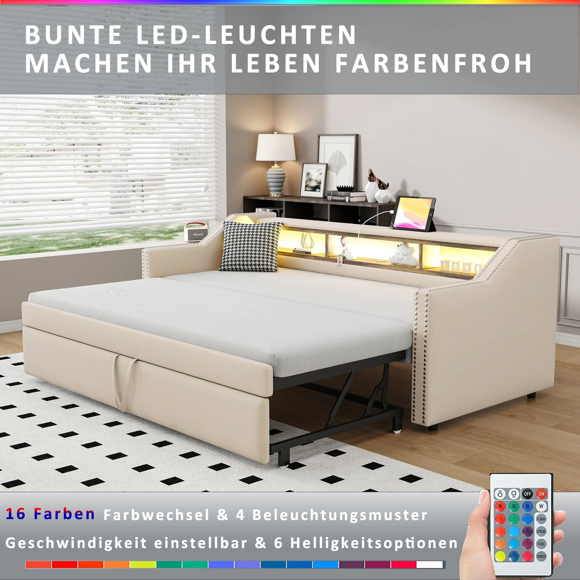 Upholstered Sofa Bed, Pull-Out with Storage, LED & USB, Beige - Image 3