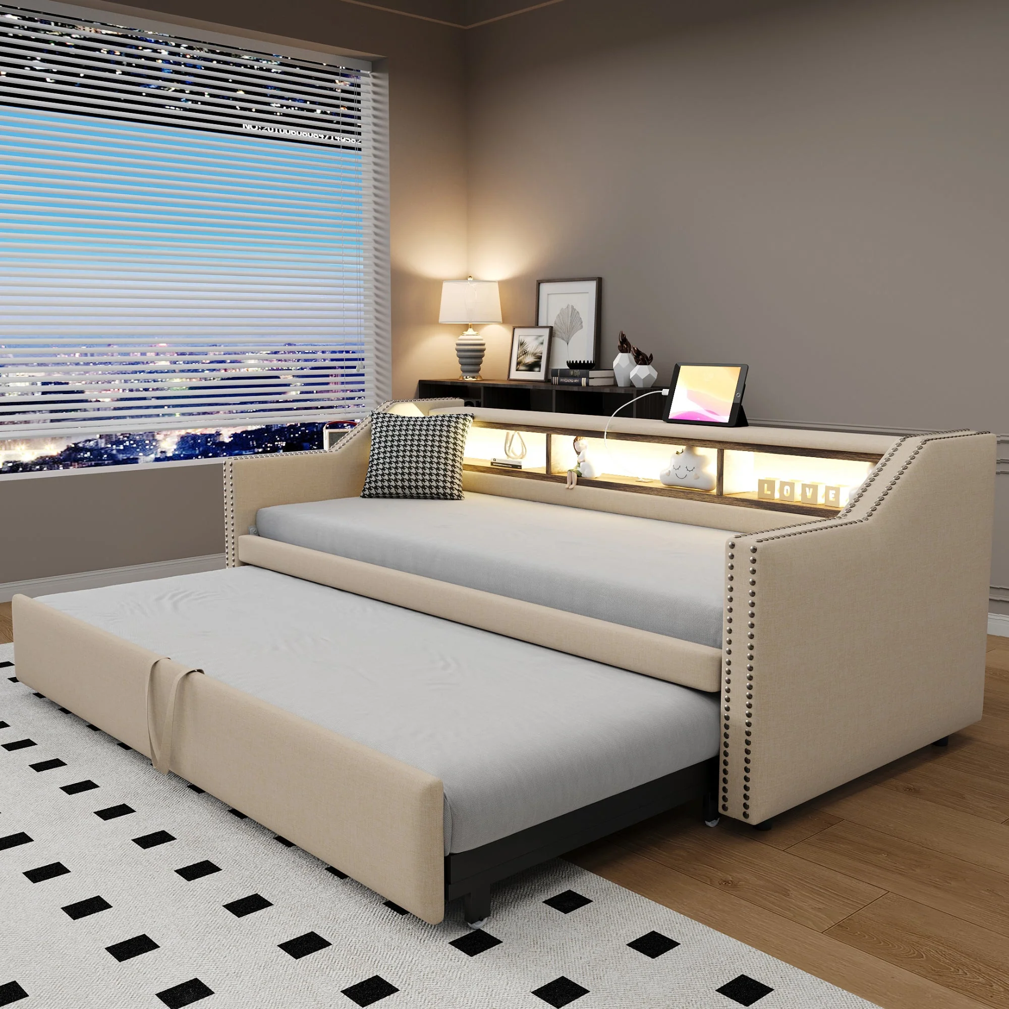 Upholstered Sofa Bed, Pull-Out with Storage, LED & USB, Beige - Image 4
