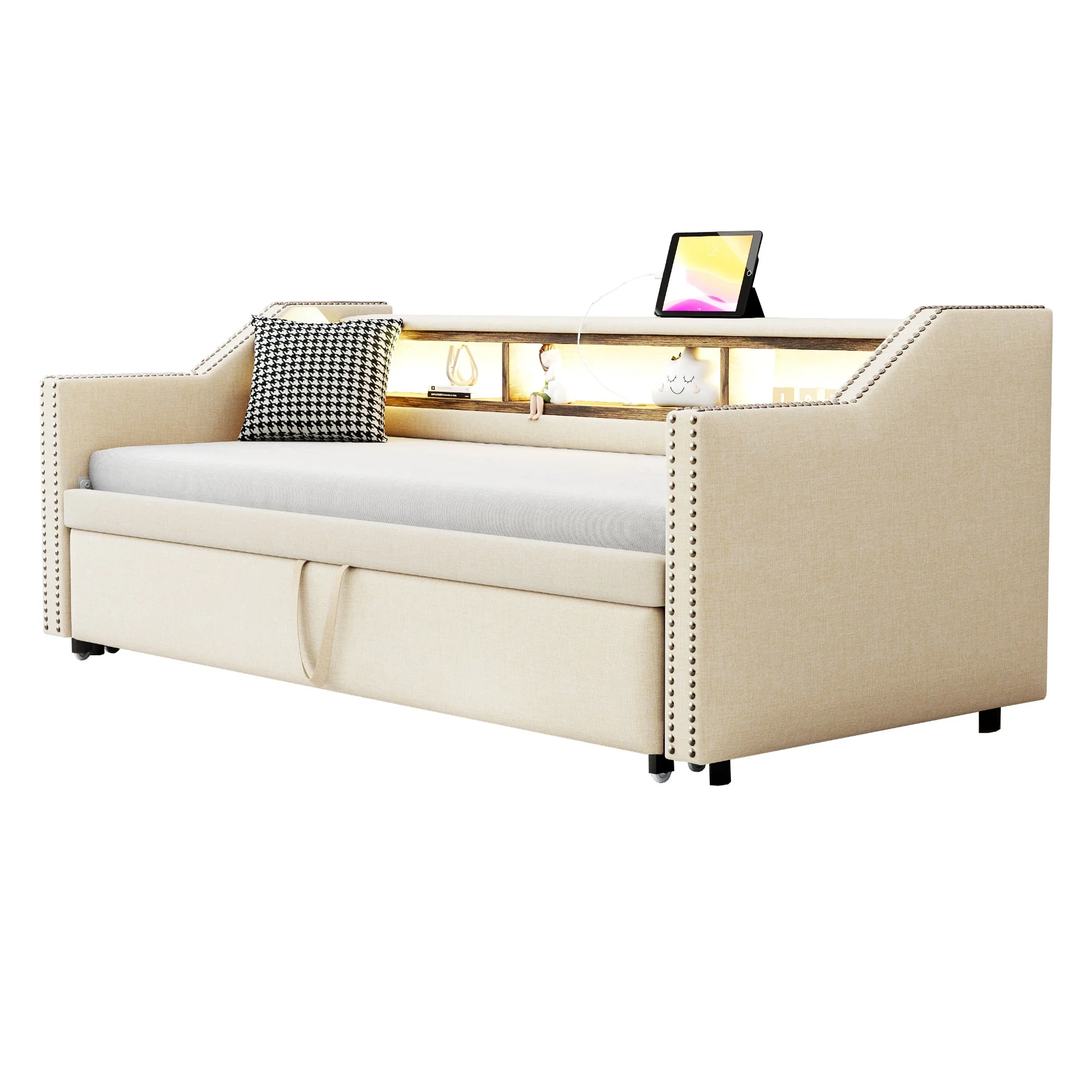 Upholstered Sofa Bed, Pull-Out with Storage, LED & USB, Beige - Image 5