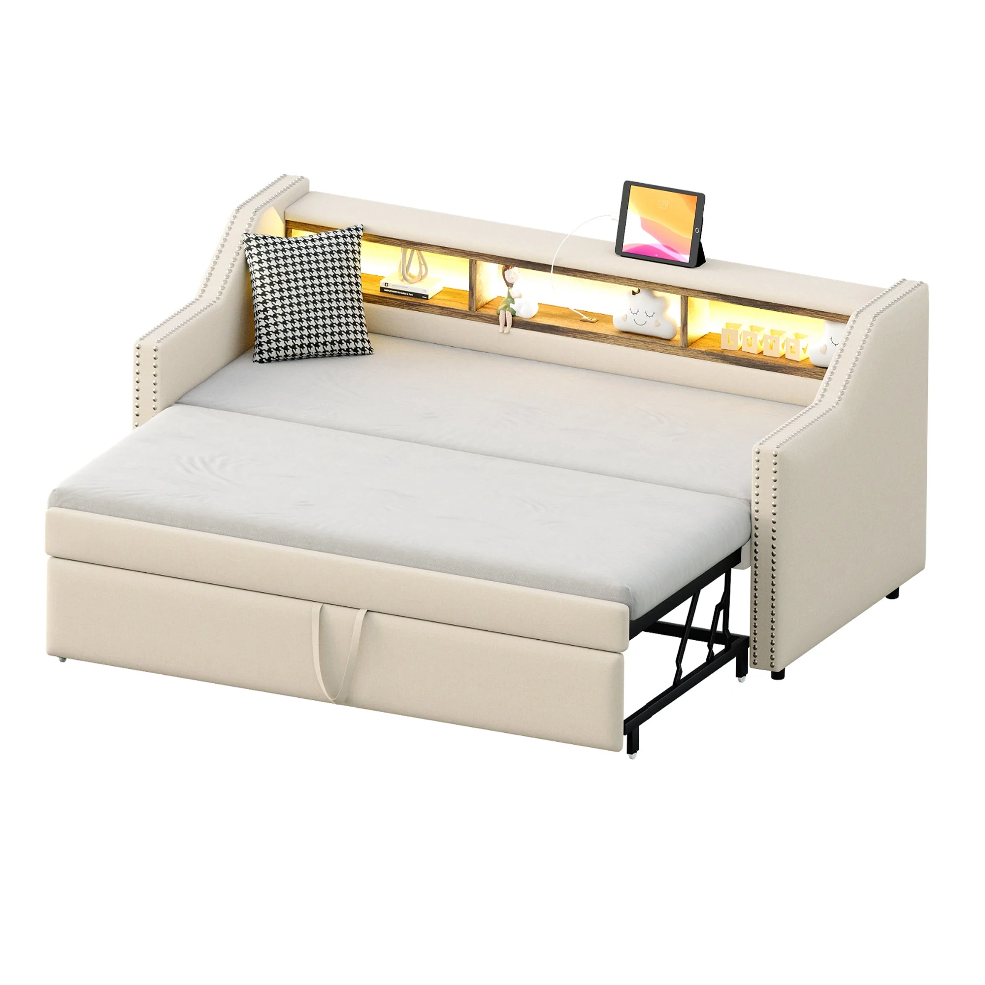 Upholstered Sofa Bed, Pull-Out with Storage, LED & USB, Beige - Image 6
