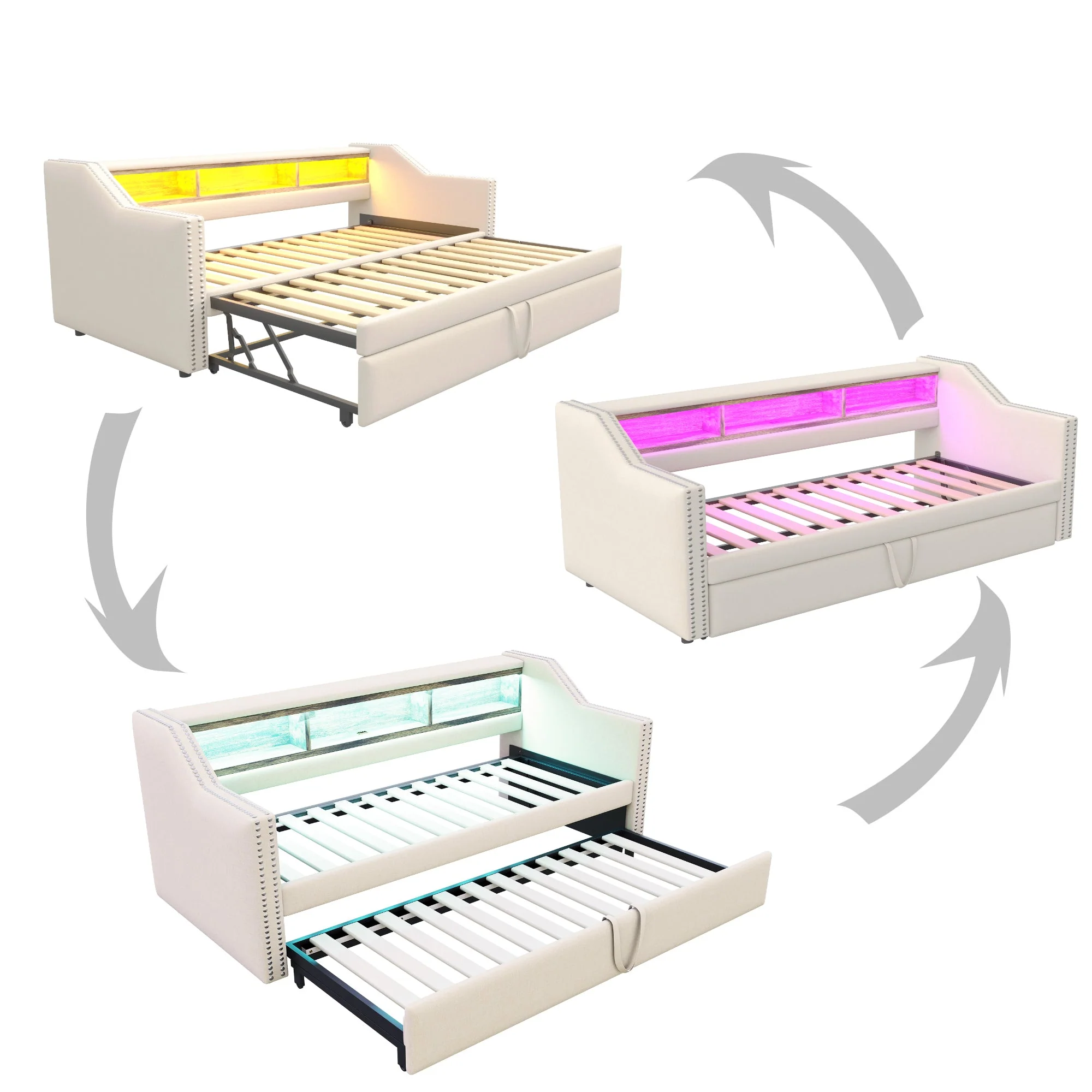 Upholstered Sofa Bed, Pull-Out with Storage, LED & USB, Beige - Image 7