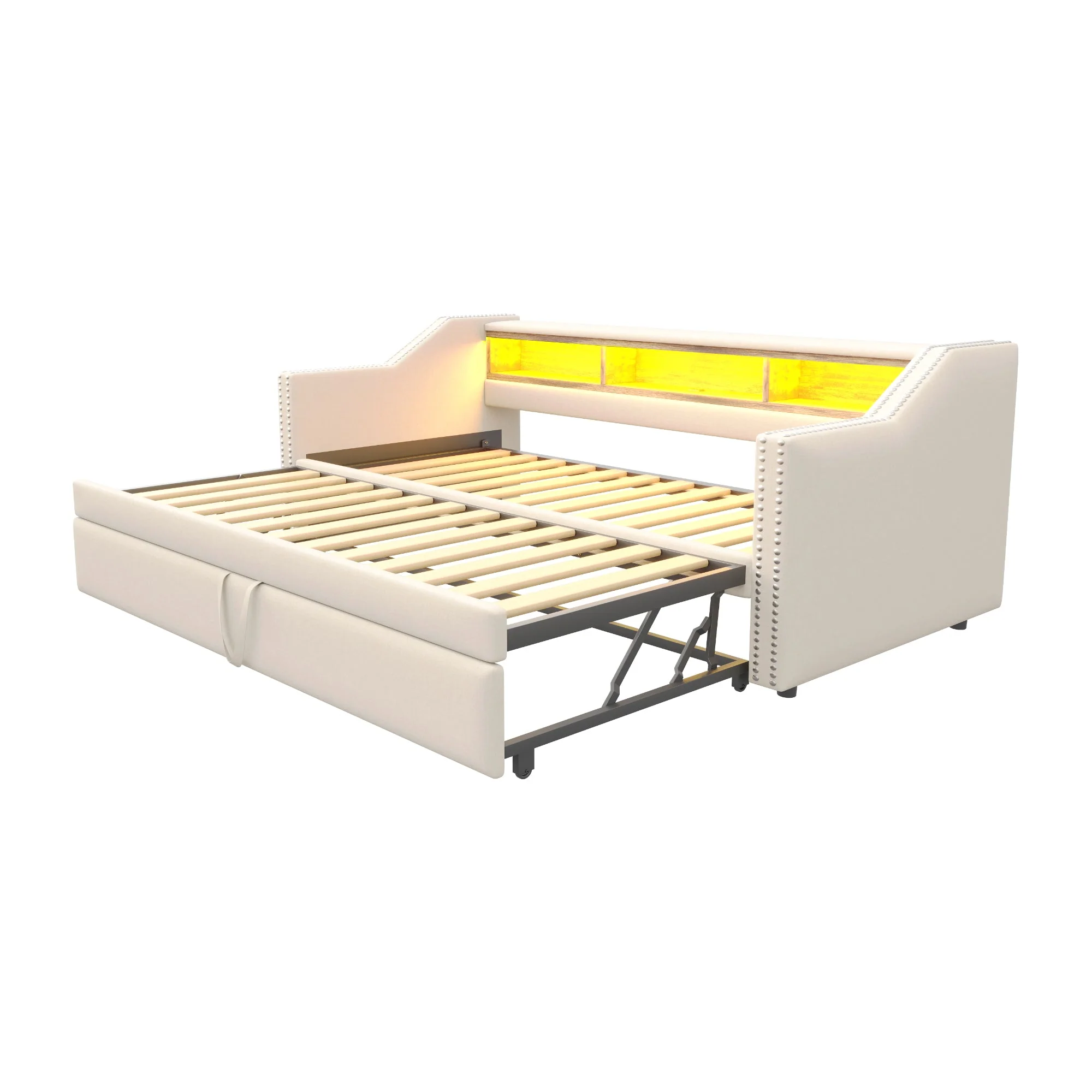 Upholstered Sofa Bed, Pull-Out with Storage, LED & USB, Beige - Image 8