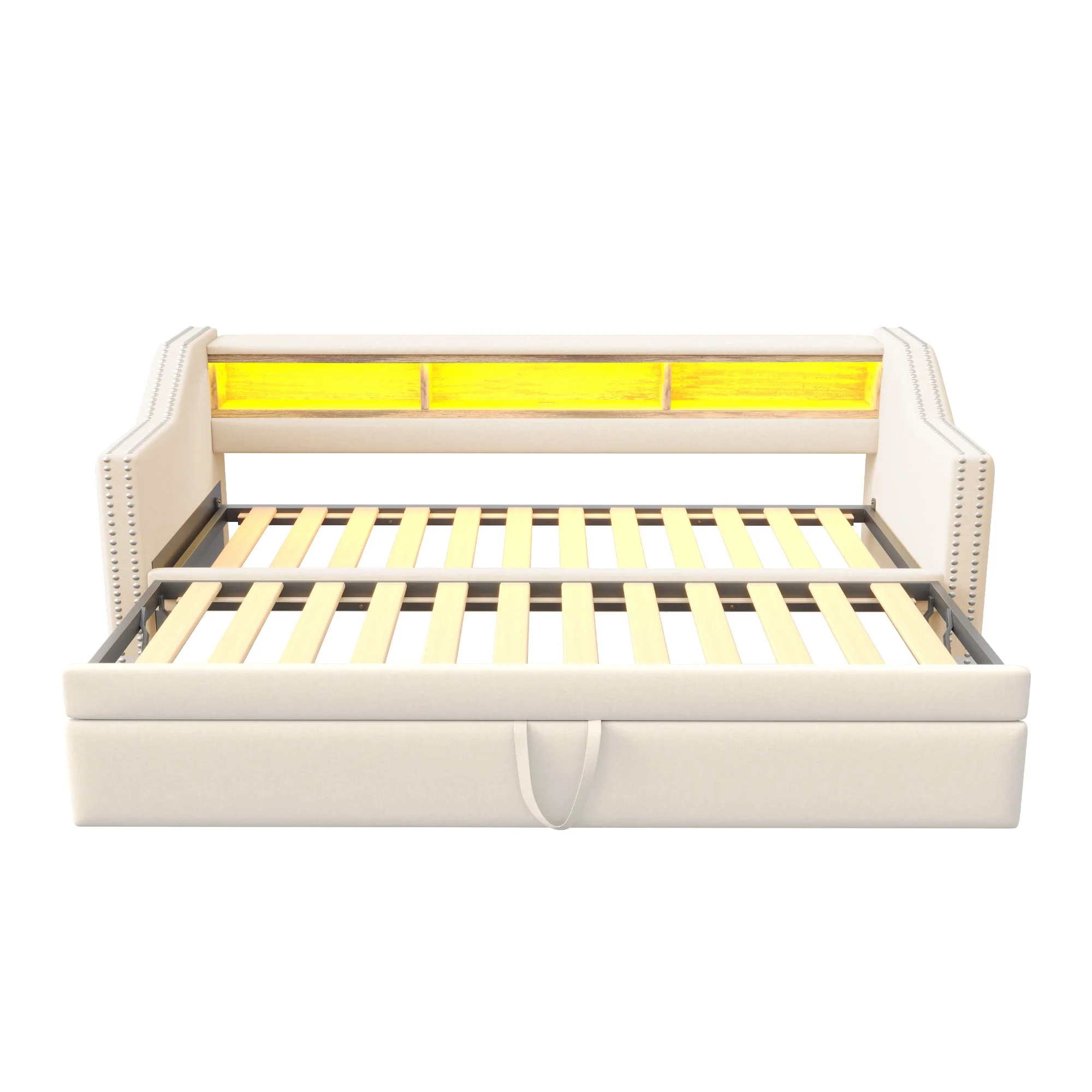 Upholstered Sofa Bed, Pull-Out with Storage, LED & USB, Beige - Image 9