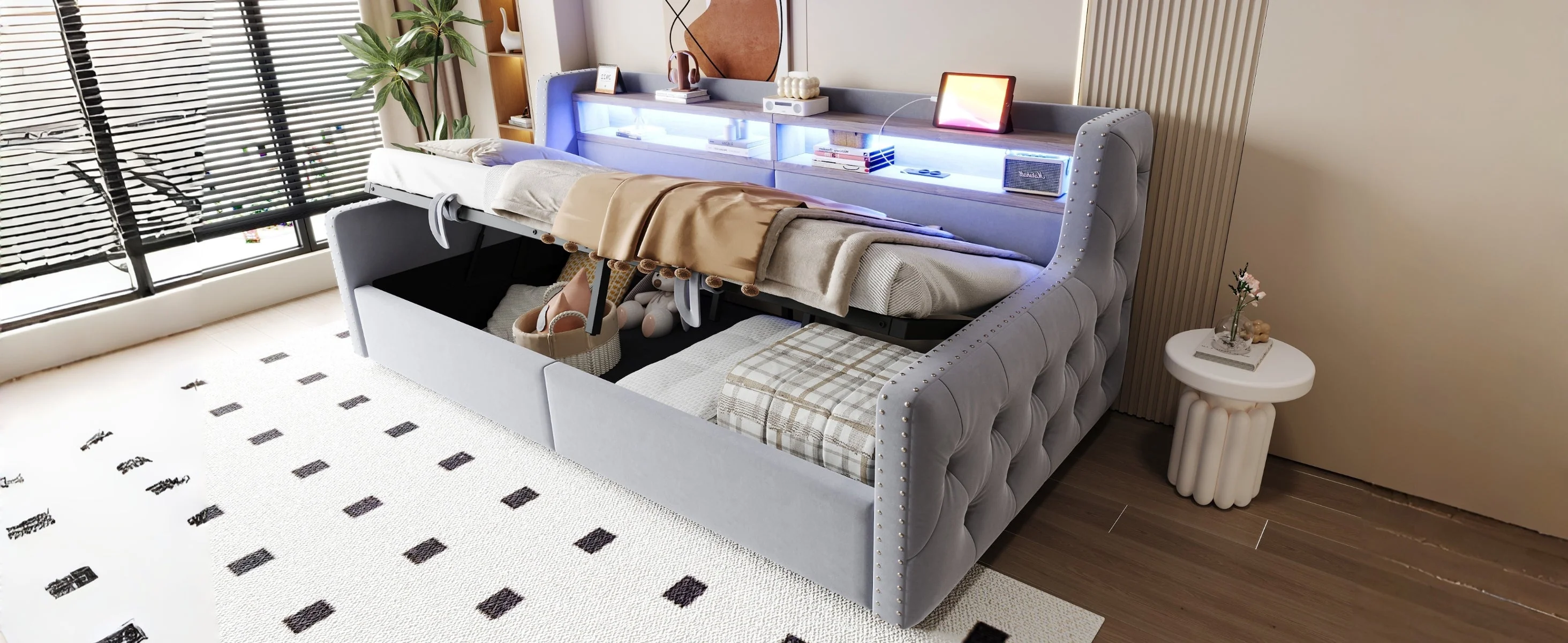 Upholstered Sofa Bed with Hydraulic Storage, LED, and Charging Port, 90x200cm, Light Grey - Image 9